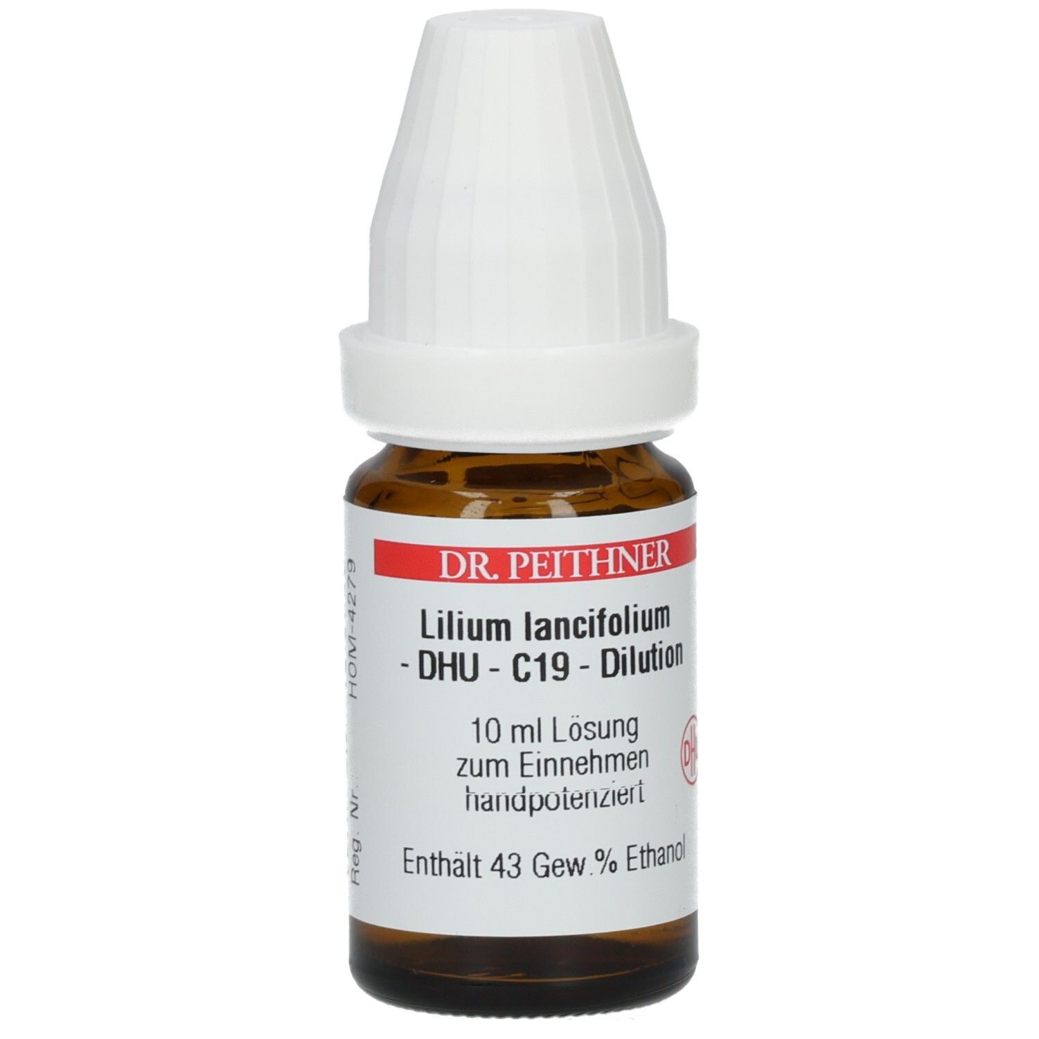 Braune Glasflasche mit weißem Verschluss. Beschriftung: Lilium lancifolium - C19 - Dilution, 10 ml Lösung, 43 Gew % Ethanol.