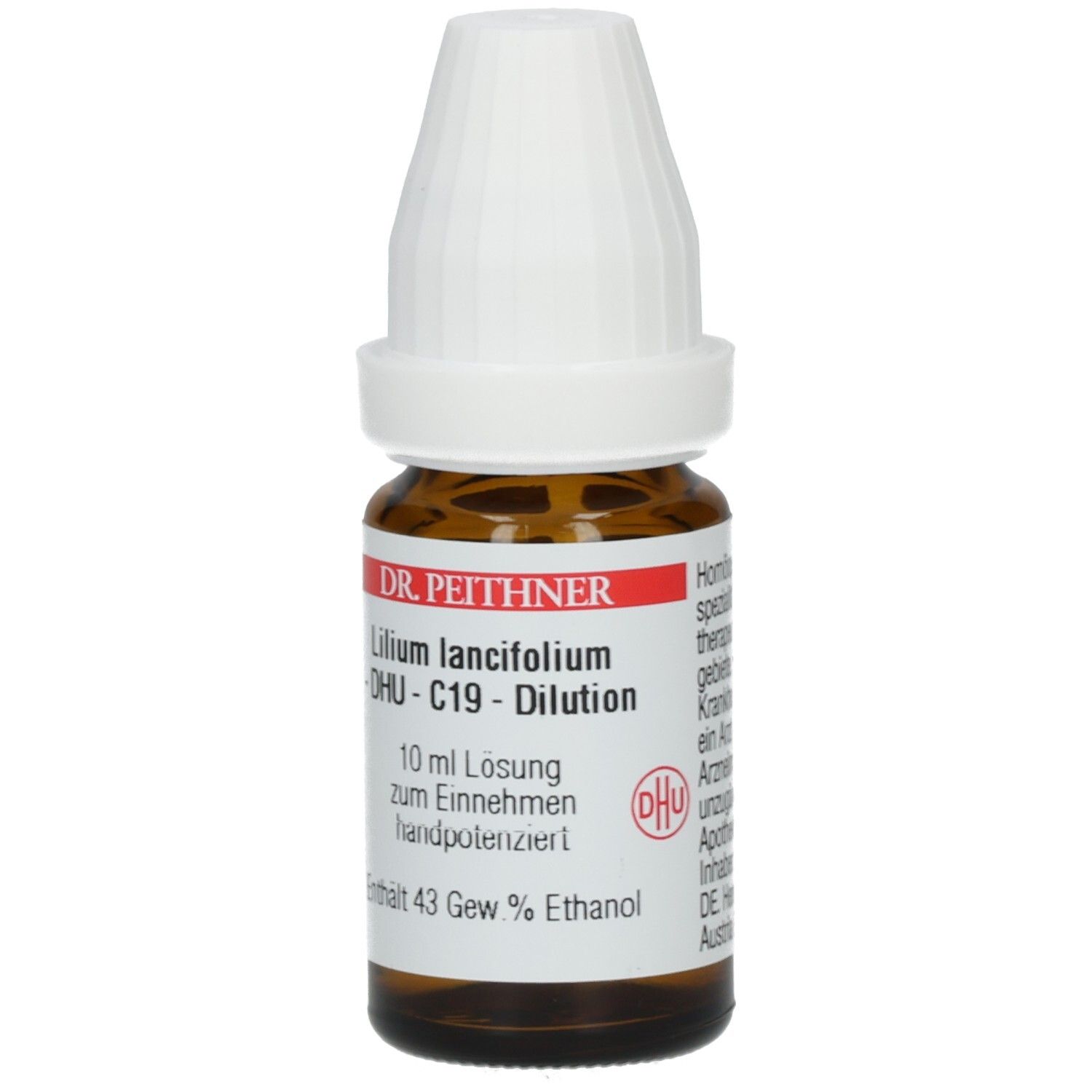 Braune Glasflasche mit weißem Verschluss. Beschriftung: Lilium lancifolium - C19 - Dilution, 10 ml Lösung, 43 Gew % Ethanol, DHU Logo.