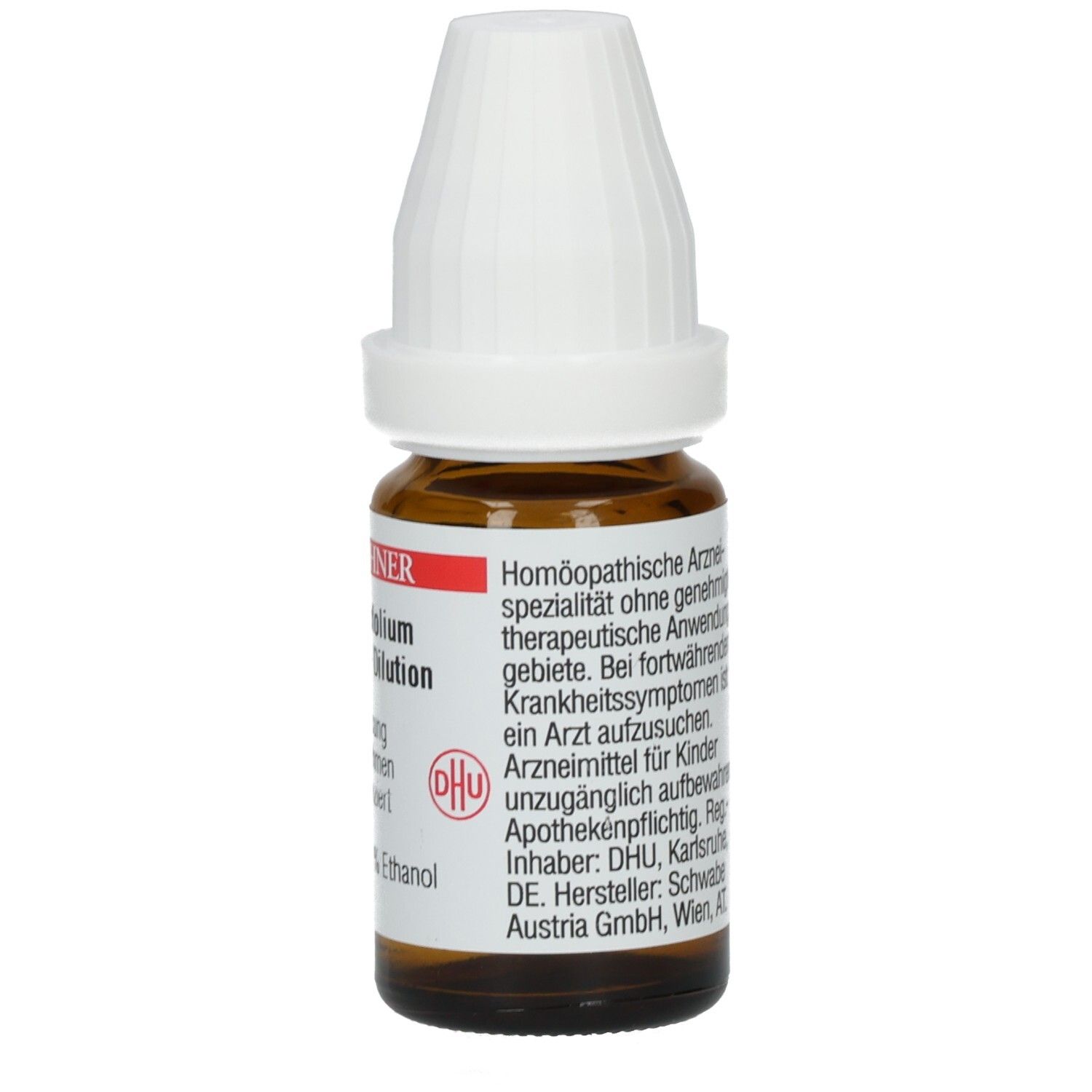 Braune Glasflasche mit weißem Verschluss. Etikett mit Text: Homöopathische Arzneimittel, für Kinder unzugänglich aufbewahren, DHU Logo.