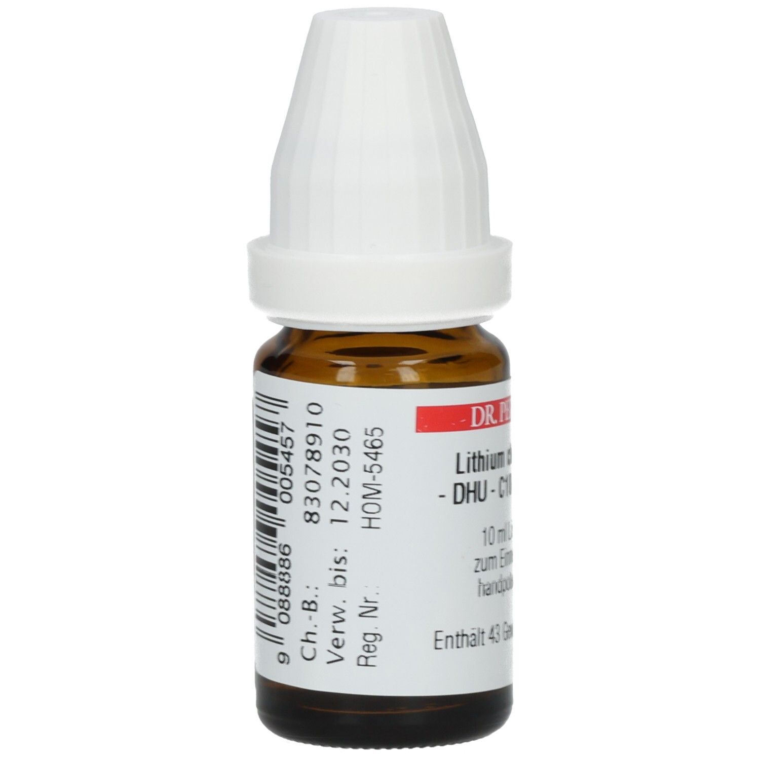 Braune Glasflasche mit weißem Verschluss. Etikett mit Barcode und Chargennummer. "DR. PEITHNER" und "Lithium chloratum".