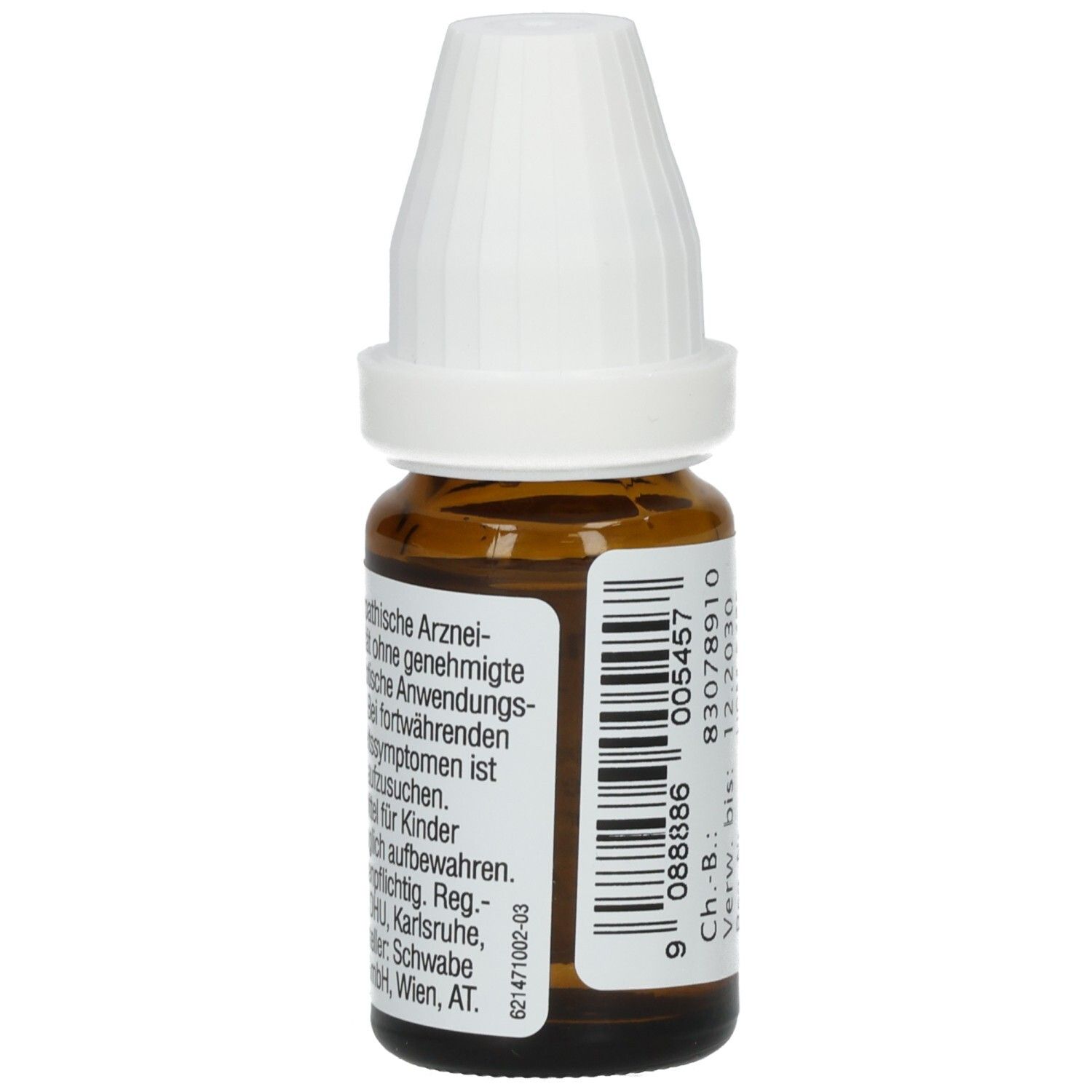 Braune Glasflasche mit weißem Verschluss. Etikett mit Text. Barcode und Chargennummer. "DR. PEITHNER" nicht sichtbar.