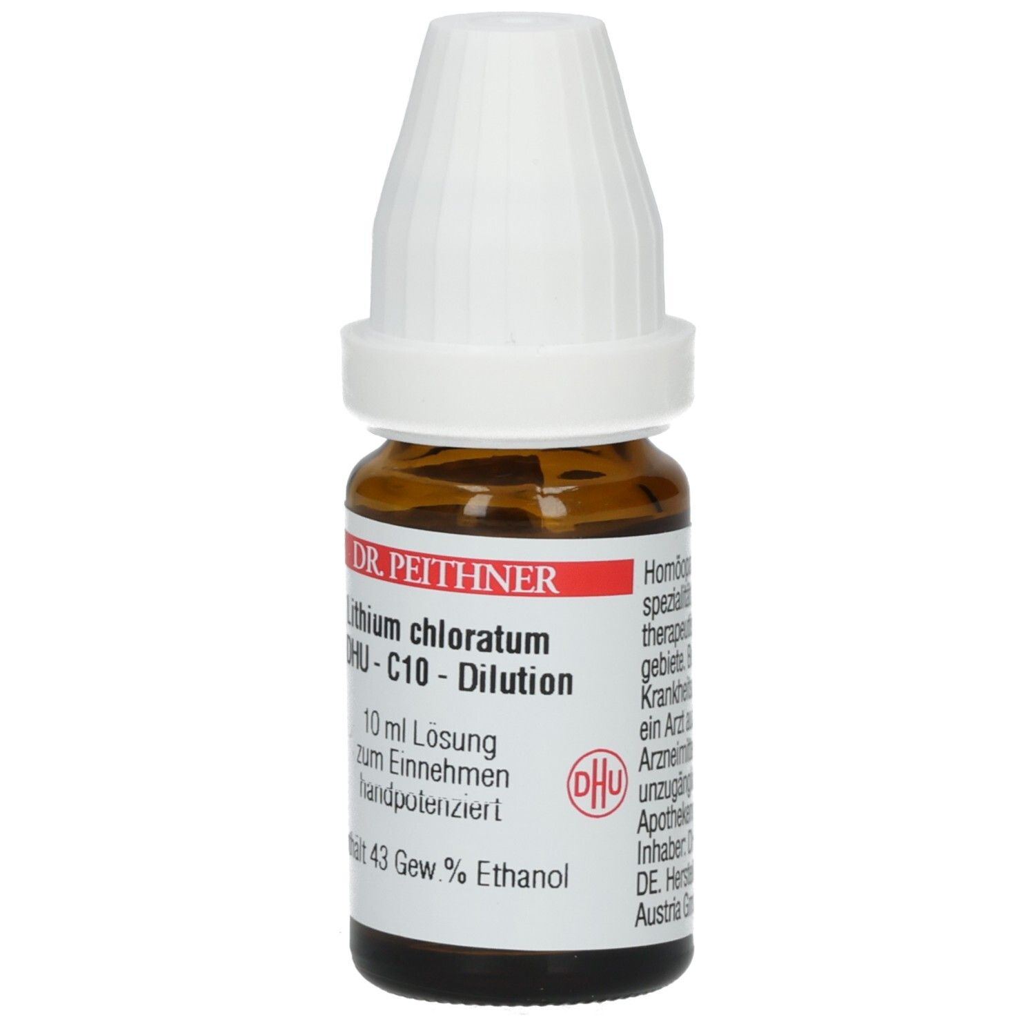 Braune Glasflasche mit weißem Verschluss. Etikett mit "DR. PEITHNER", "Lithium chloratum - C10 - Dilution".