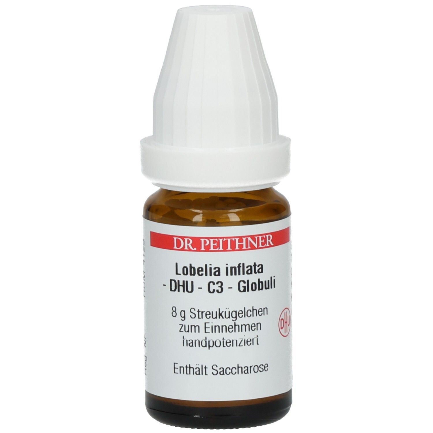 Braune Glasflasche mit weißem Deckel. Etikett mit Produktinformationen: Lobelia inflata - DHU - C3 - Globuli.