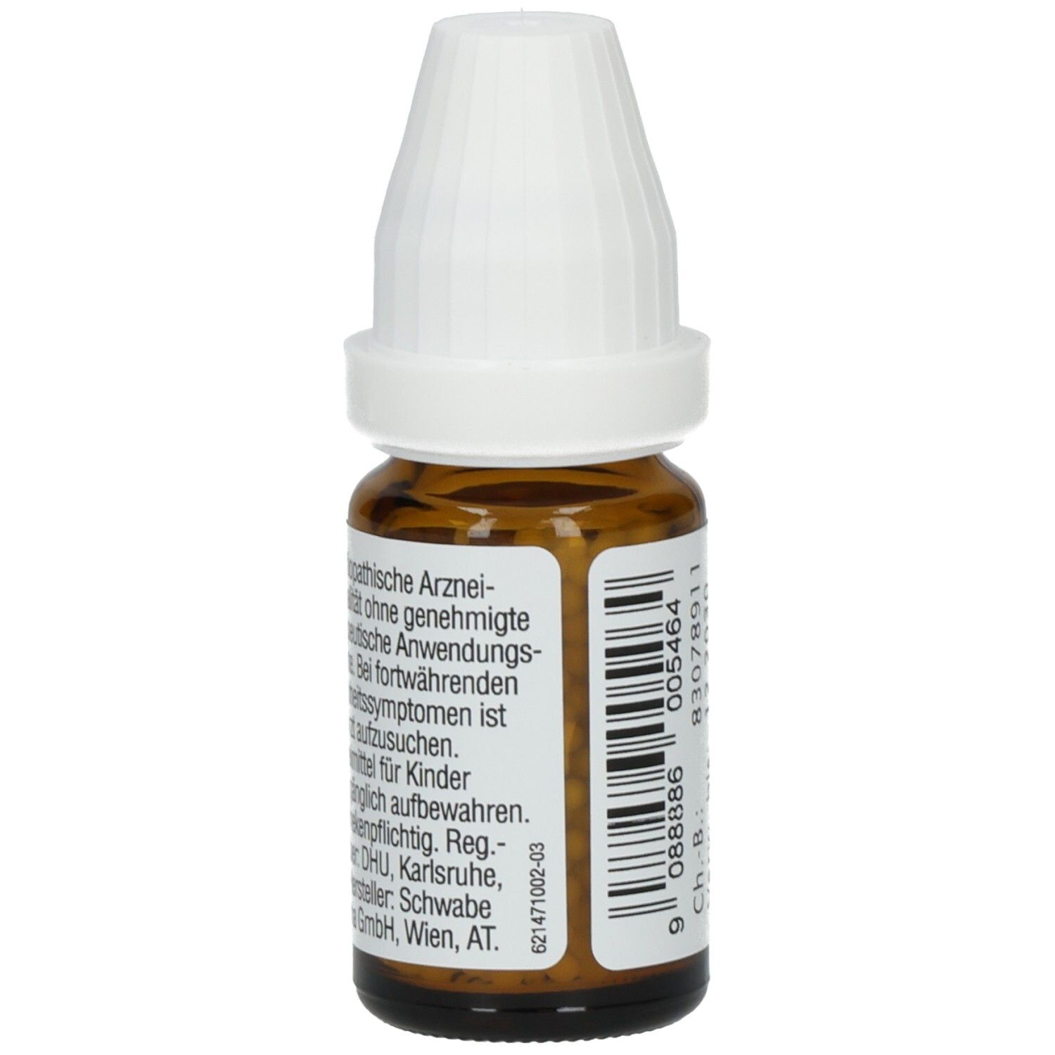 Braune Glasflasche mit weißem Deckel. Etikett mit Text, Barcode und Produktinformationen.