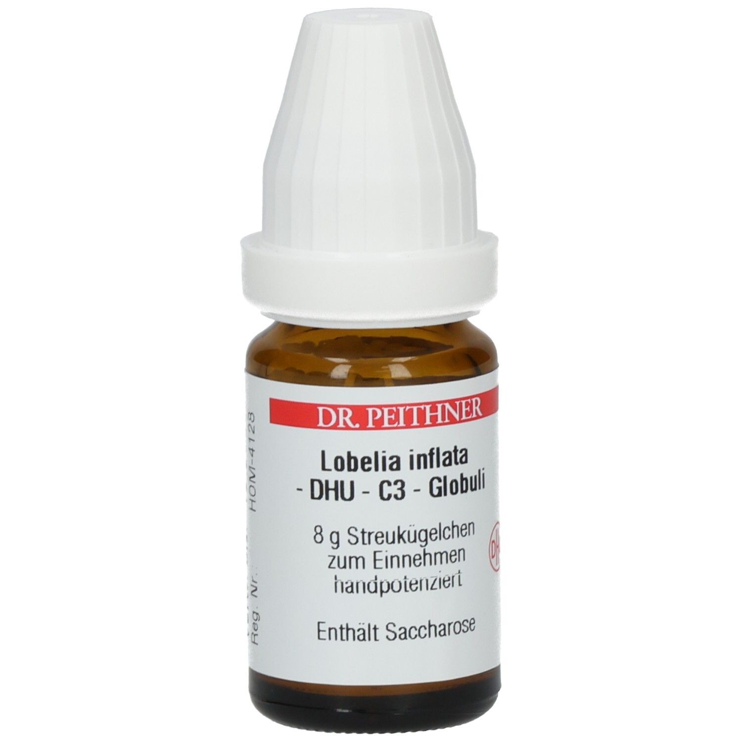 Braune Glasflasche mit weißem Deckel. Etikett mit Produktinformationen: Lobelia inflata - DHU - C3 - Globuli.