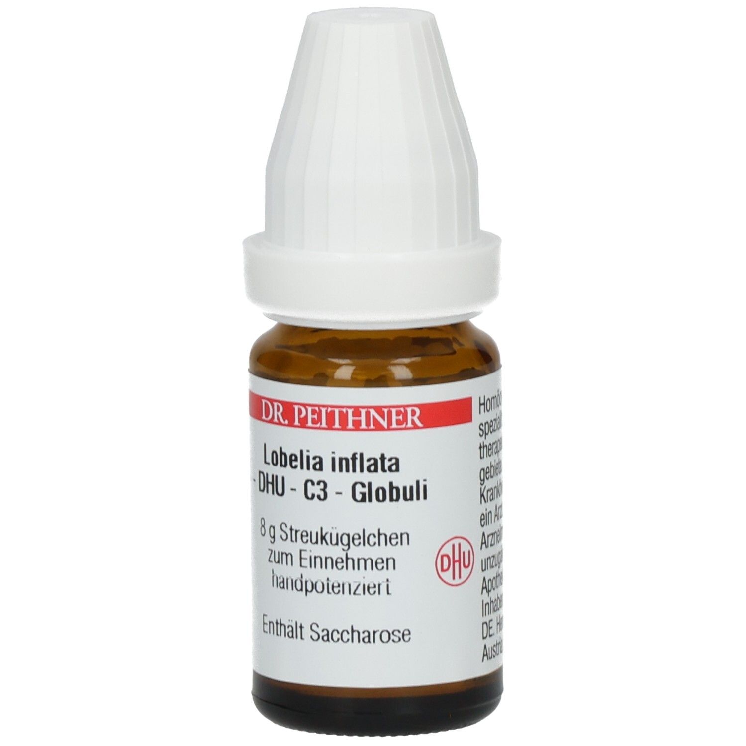 Braune Glasflasche mit weißem Deckel. Etikett mit Produktinformationen: Lobelia inflata - DHU - C3 - Globuli.