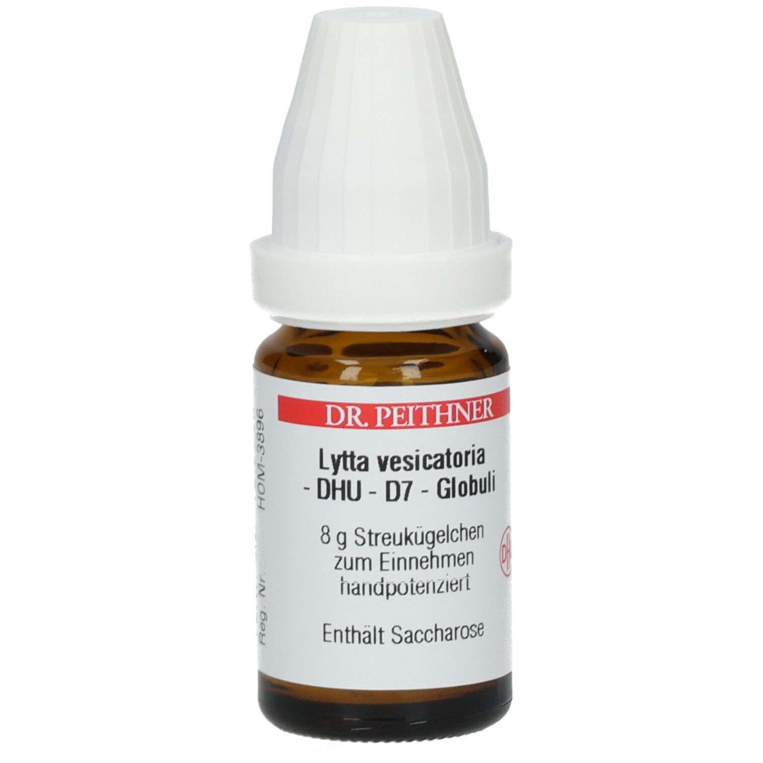 Braune Glasflasche mit weißem Deckel. Etikett mit Produktnamen, DHU-D7, Globuli, 8 g Streukügelchen, und Inhaltsangabe.