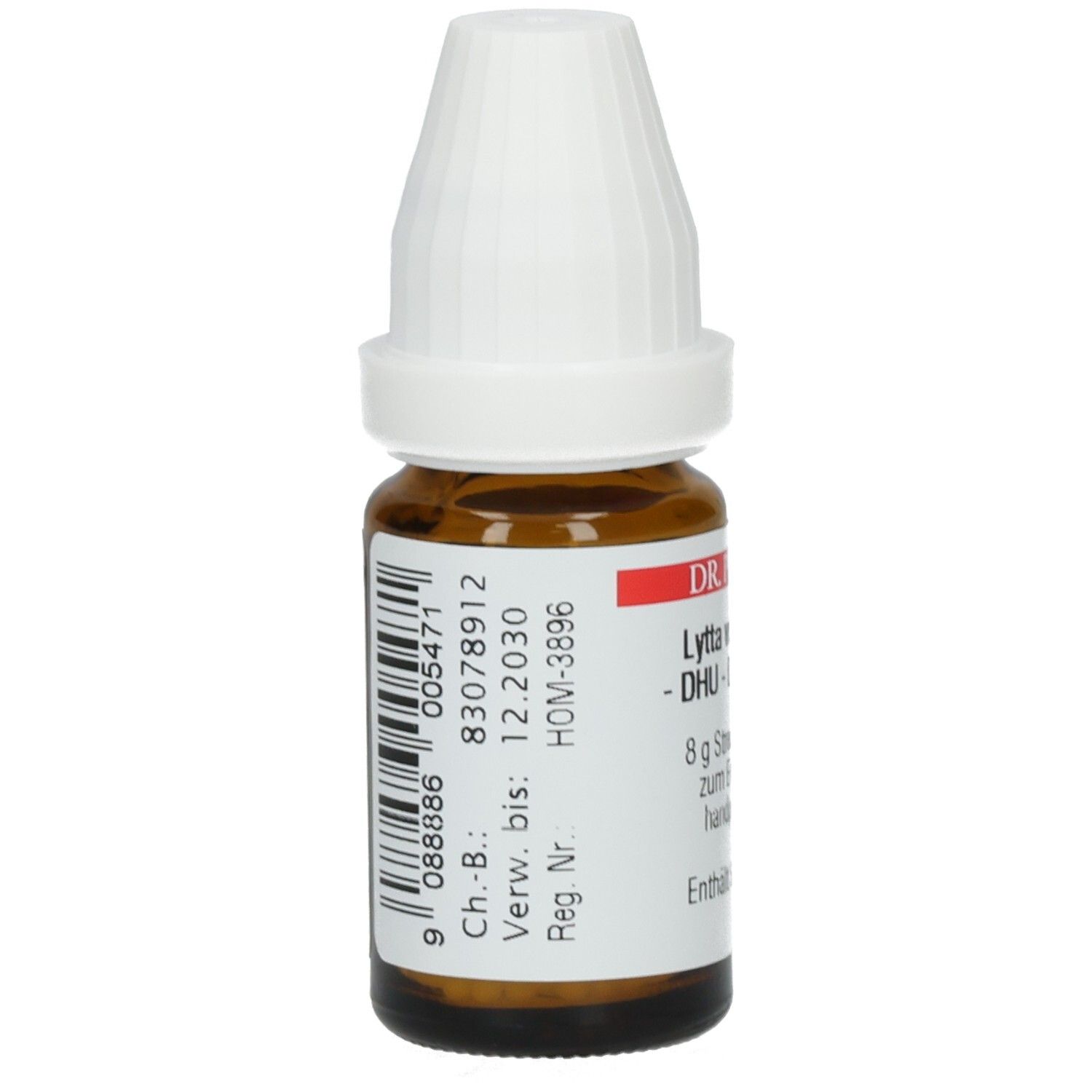 Braune Glasflasche mit weißem Deckel. Etikett mit Barcode, Chargennummer, Verfallsdatum und weiteren Produktinformationen.