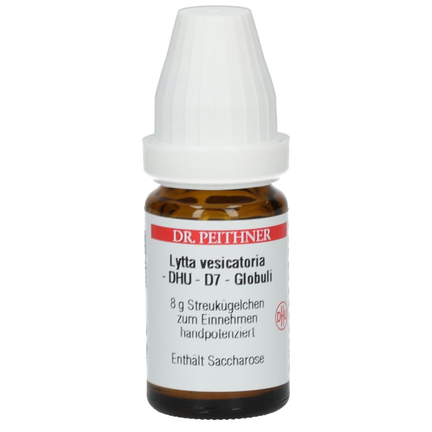 Braune Glasflasche mit weißem Deckel. Etikett mit Produktnamen, DHU-D7, Globuli, 8 g Streukügelchen, und Inhaltsangabe.