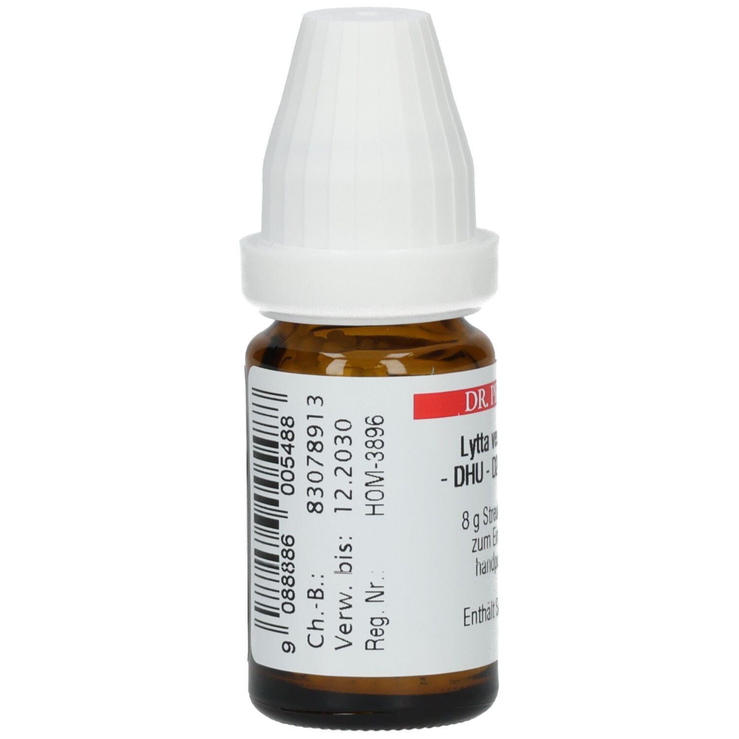 Braune Glasflasche mit weißem Deckel. Etikett mit Barcode und Produktinformationen. DHU-Logo.