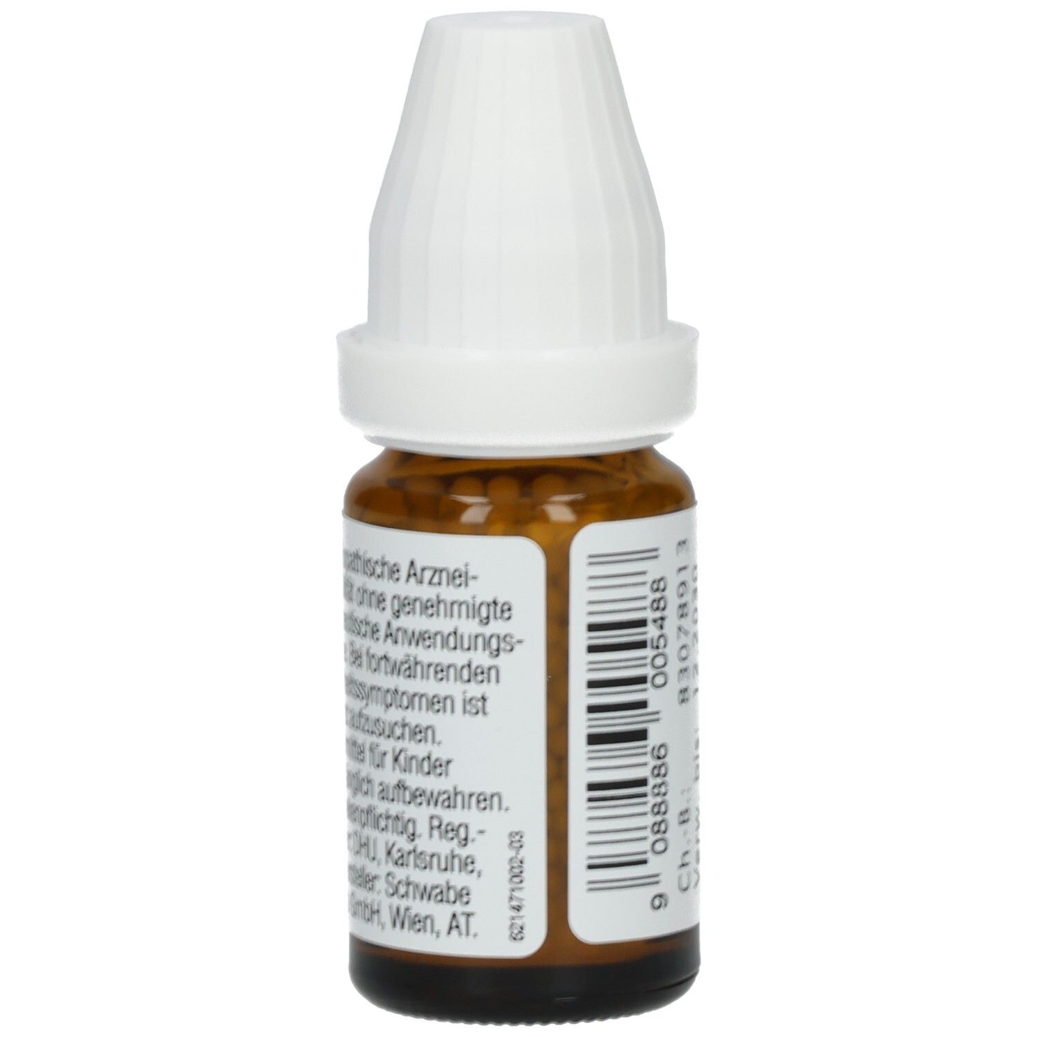 Braune Glasflasche mit weißem Deckel. Etikett mit Produktinformationen und Barcode. DHU-Logo.