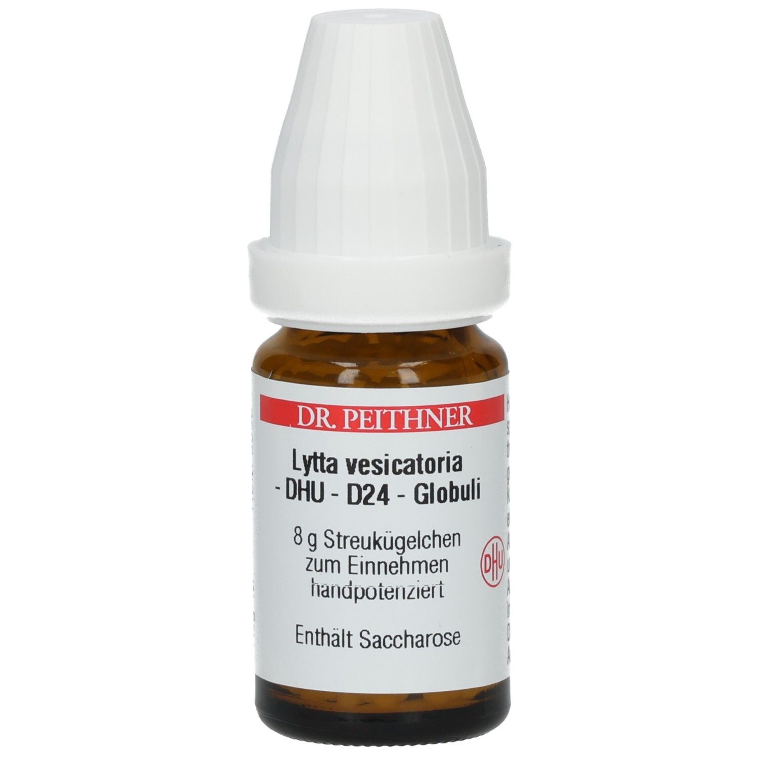 Braune Glasflasche mit weißem Deckel. Etikett mit Produktinformationen: DR. PEITHNER, Lytta vesicatoria, DHU D24 Globuli. DHU-Logo.