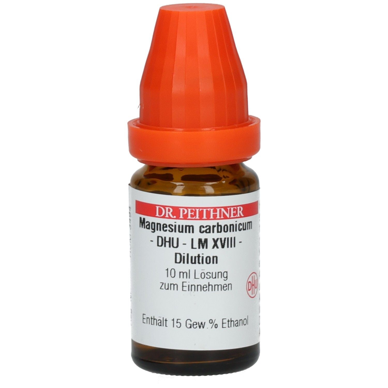 Braune Glasflasche mit orangefarbenem Verschluss. Beschriftung: Magnesium carbonicum DHU LM XVIII Dilution.