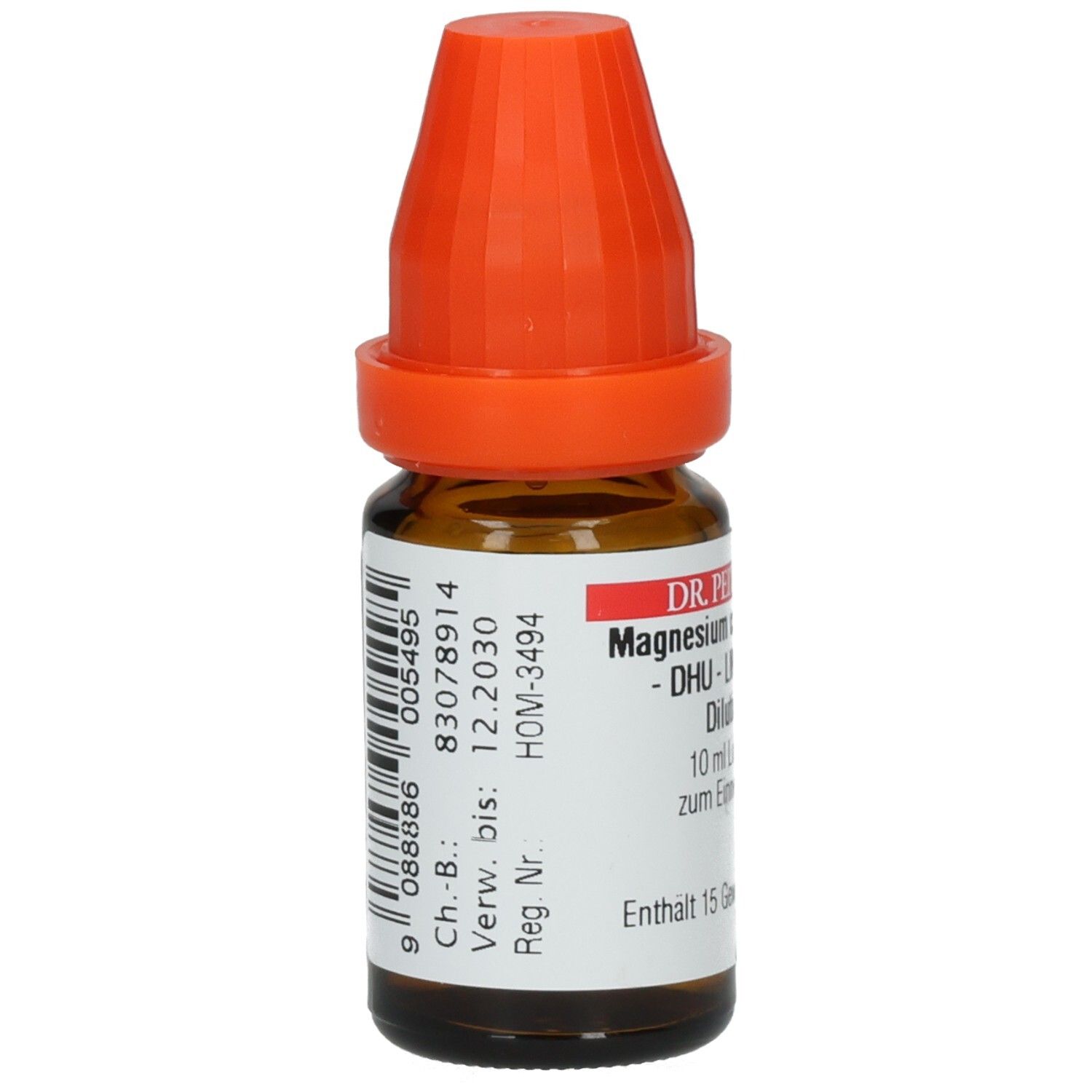 Braune Glasflasche mit orangefarbenem Verschluss. Etikett mit Barcode und Chargennummer. Produktname: Magnesium carbonicum.