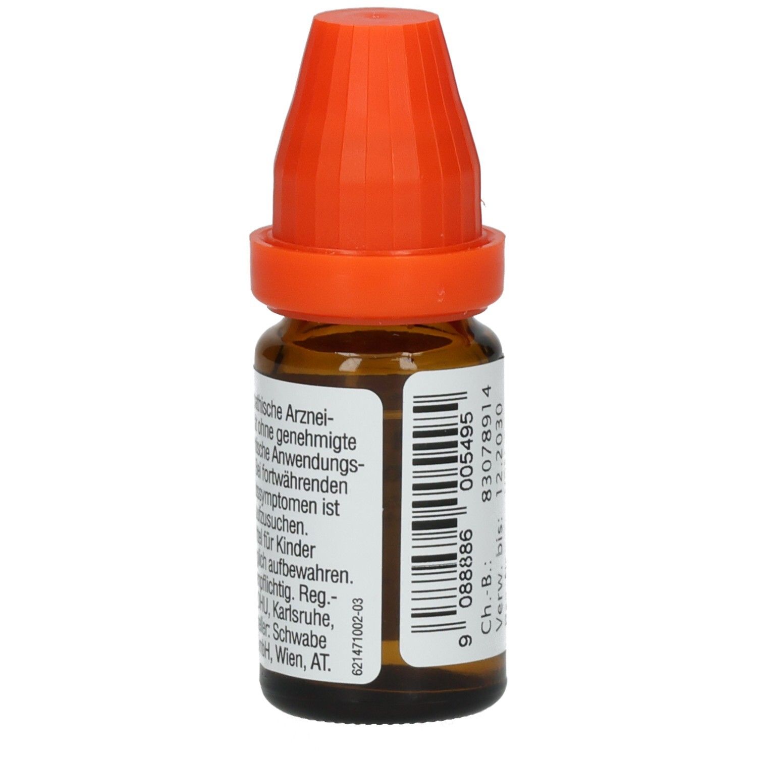 Braune Glasflasche mit orangefarbenem Verschluss. Rückseite mit Text. Produktname: Magnesium carbonicum.