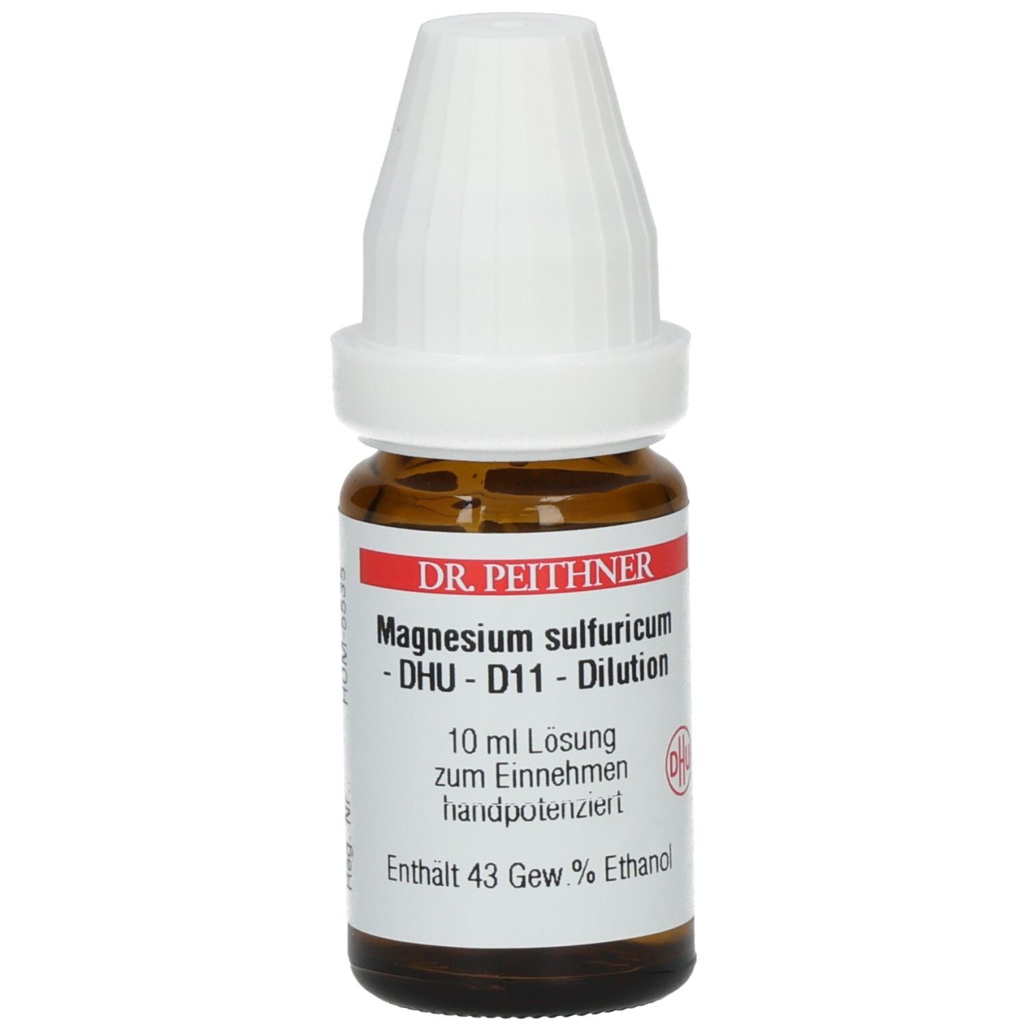 Braune Glasflasche mit weißem Verschluss. Etikett mit Text: Magnesium sulfuricum DHU D11. 10 ml Lösung. Enthält 43 Gew.% Ethanol.