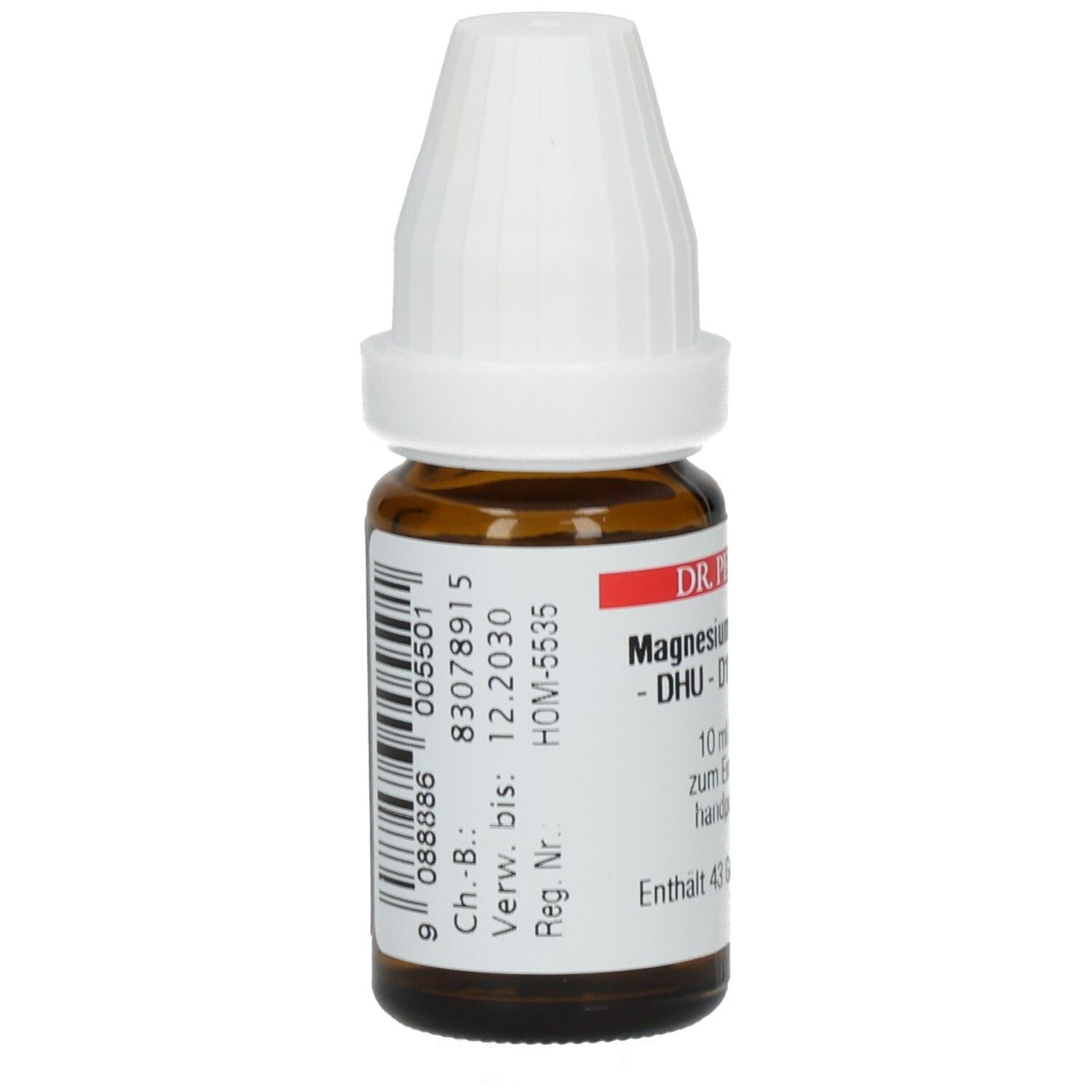 Braune Glasflasche mit weißem Verschluss. Etikett mit Barcode und Text. Enthält 43 Gew.% Ethanol. Verfallsdatum: 12.2030.