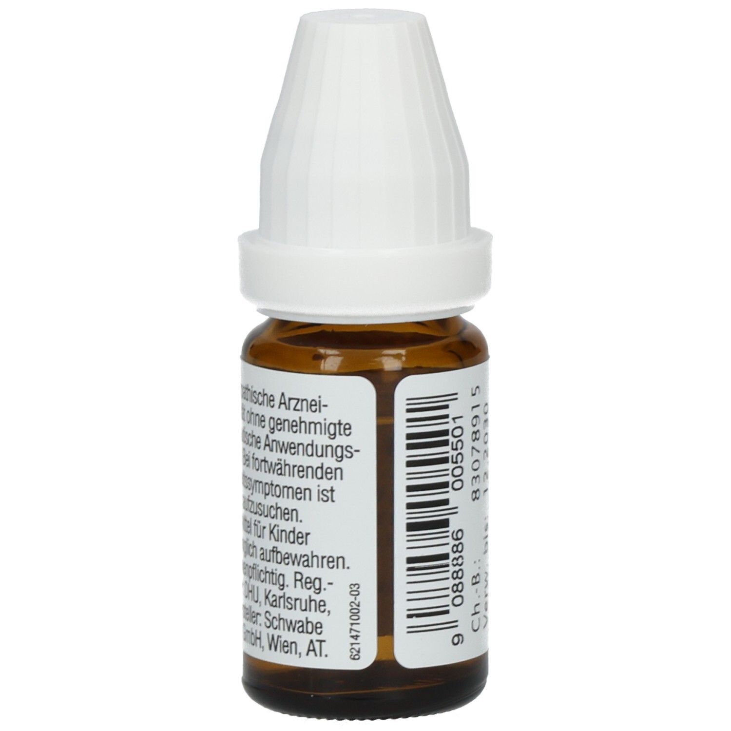 Braune Glasflasche mit weißem Verschluss. Etikett mit Text. Enthält 43 Gew.% Ethanol. Homöopathisches Arzneimittel.