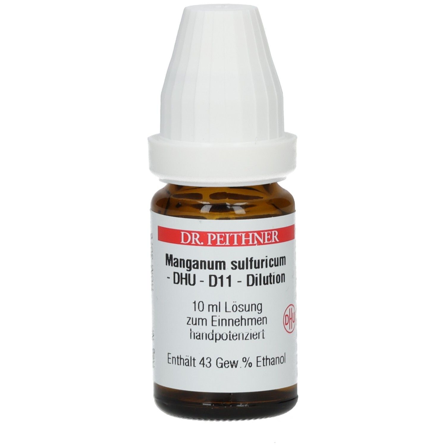 Braune Glasflasche mit weißem Verschluss. Beschriftung: DR. PEITHNER, Manganum sulfuricum - D11 - Dilution, 10 ml Lösung.