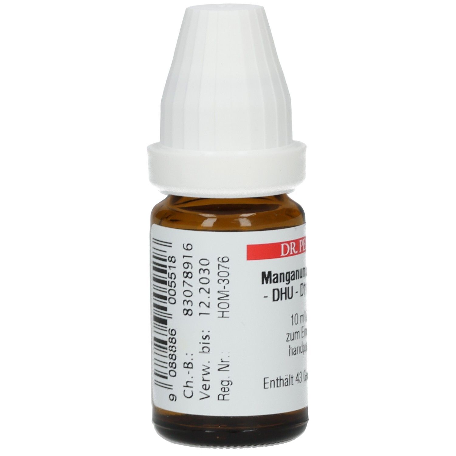 Braune Glasflasche mit weißem Verschluss. Aufkleber mit Barcode und Chargennummer. Beschriftung: DR. PEITHNER, Manganum sulfuricum.