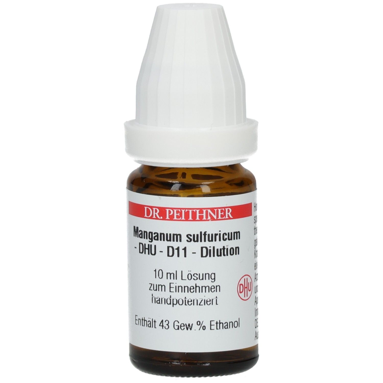 Braune Glasflasche mit weißem Verschluss. Beschriftung: DR. PEITHNER, Manganum sulfuricum - D11 - Dilution, 10 ml Lösung.