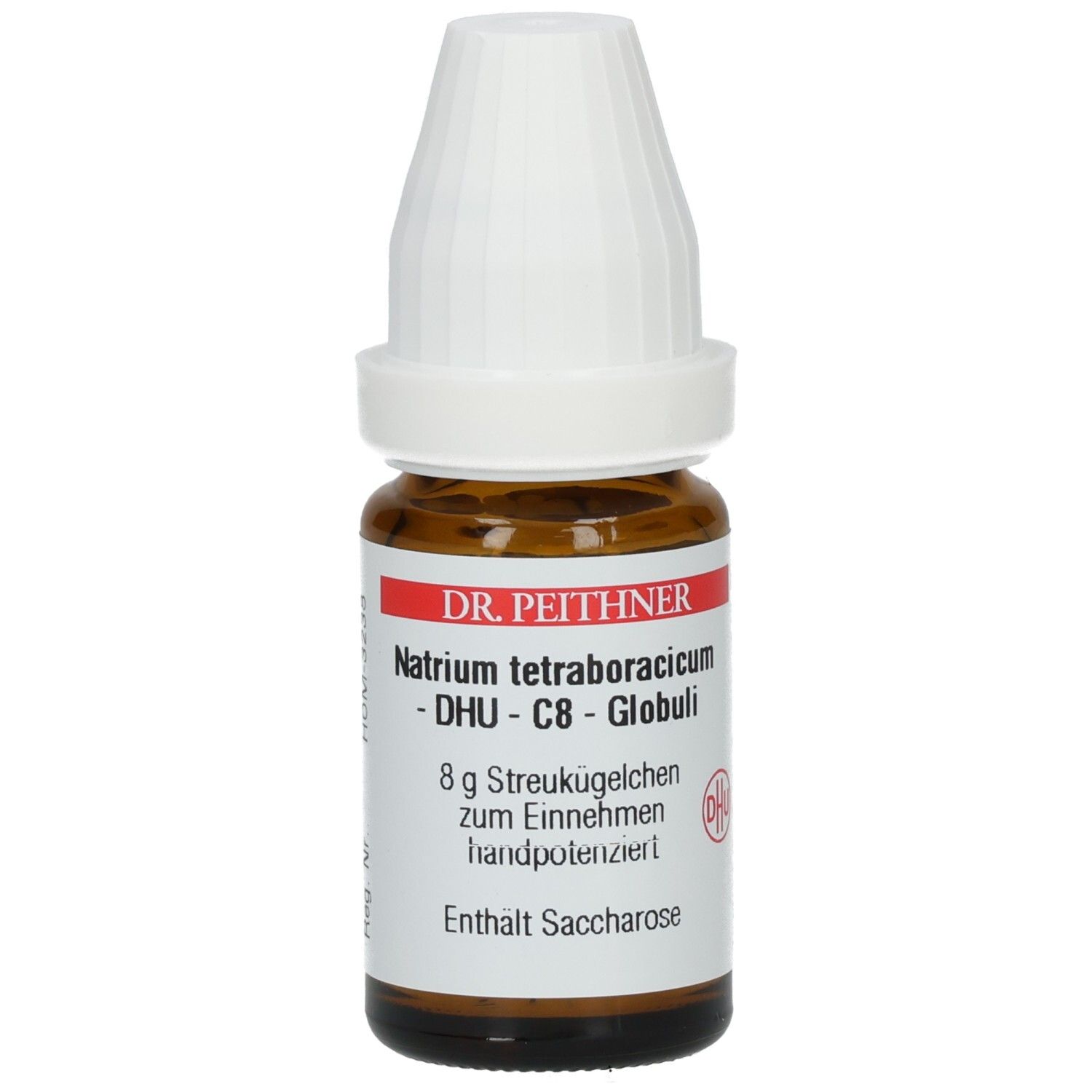 Braune Glasflasche mit weißem Deckel. Etikett mit Produktnamen, Hersteller und Inhaltsangabe. Enthält Globuli.