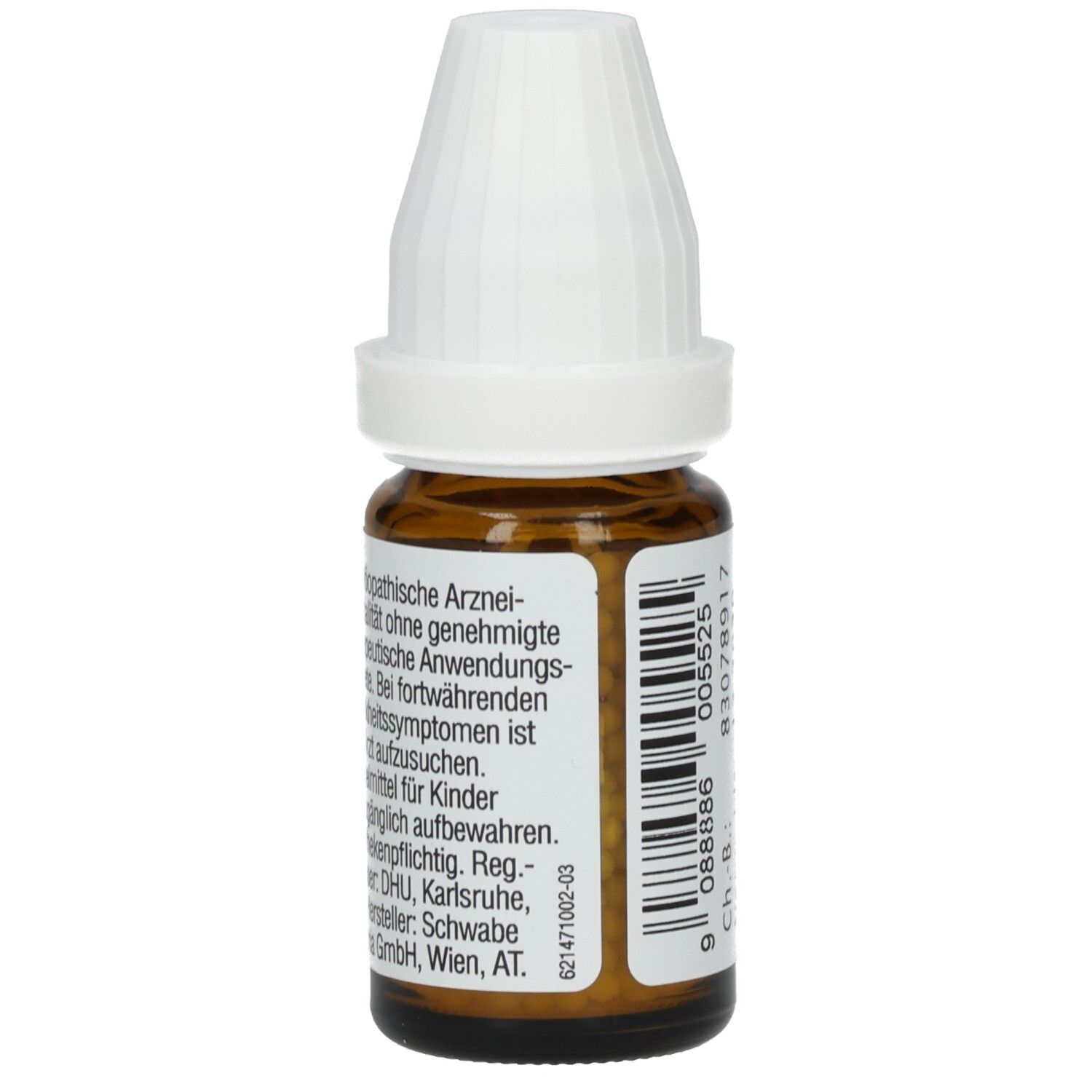 Braune Glasflasche mit weißem Deckel. Etikett mit Produktinformationen und Herstelleradresse. Enthält Globuli.
