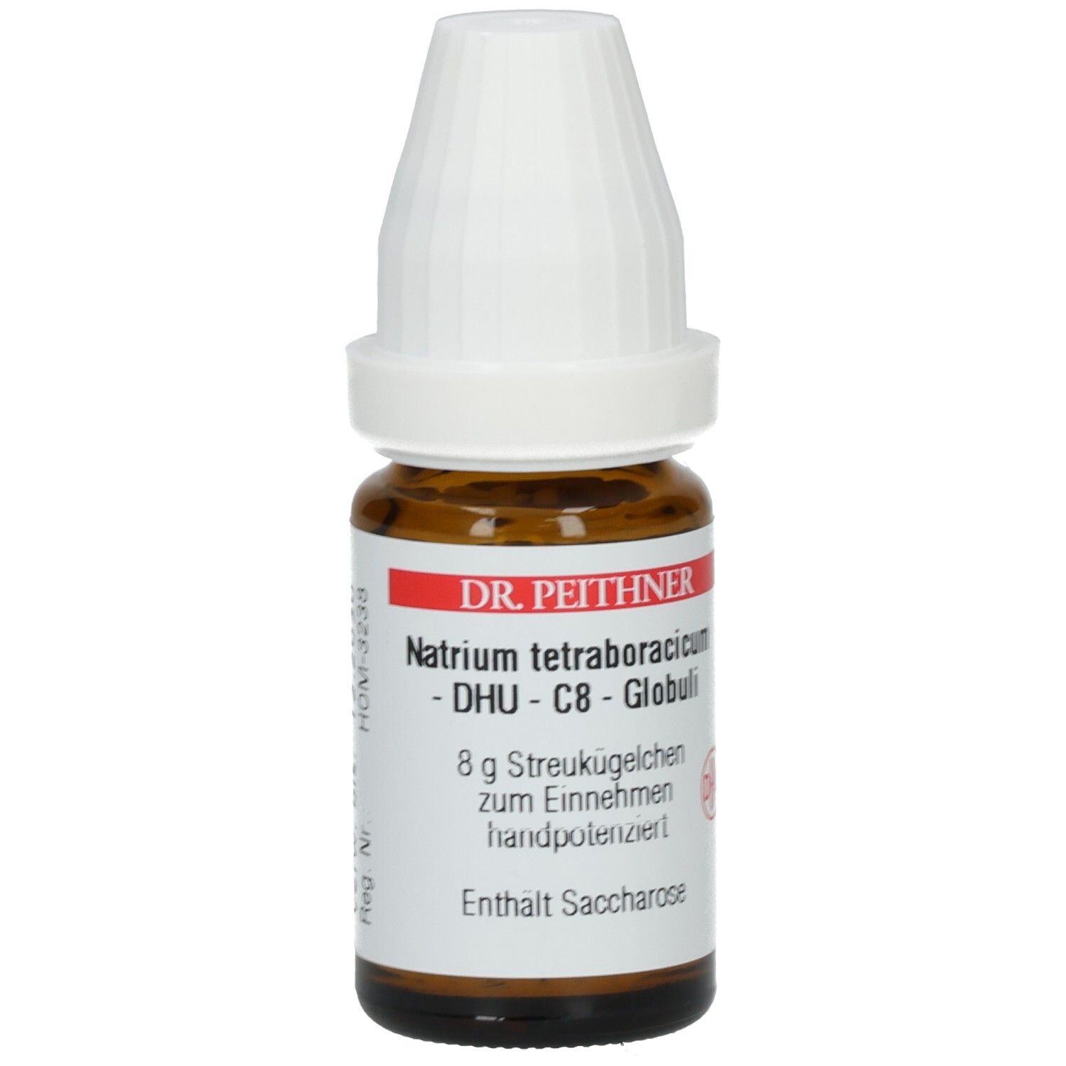 Braune Glasflasche mit weißem Deckel. Etikett mit Produktnamen, Hersteller und Inhaltsangabe. Enthält Globuli.