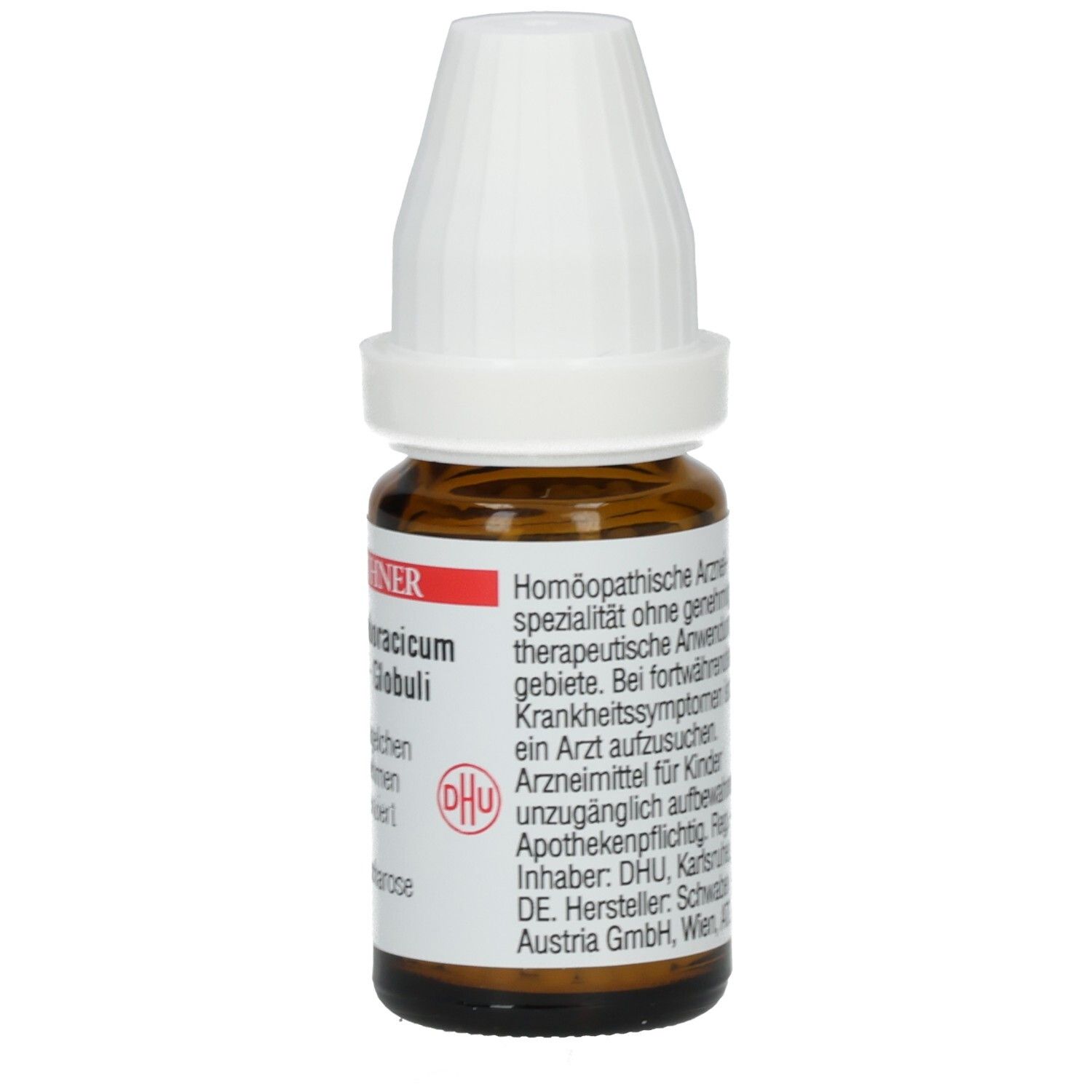 Braune Glasflasche mit weißem Deckel. Etikett mit Produktinformationen und Herstelleradresse. Enthält Globuli.
