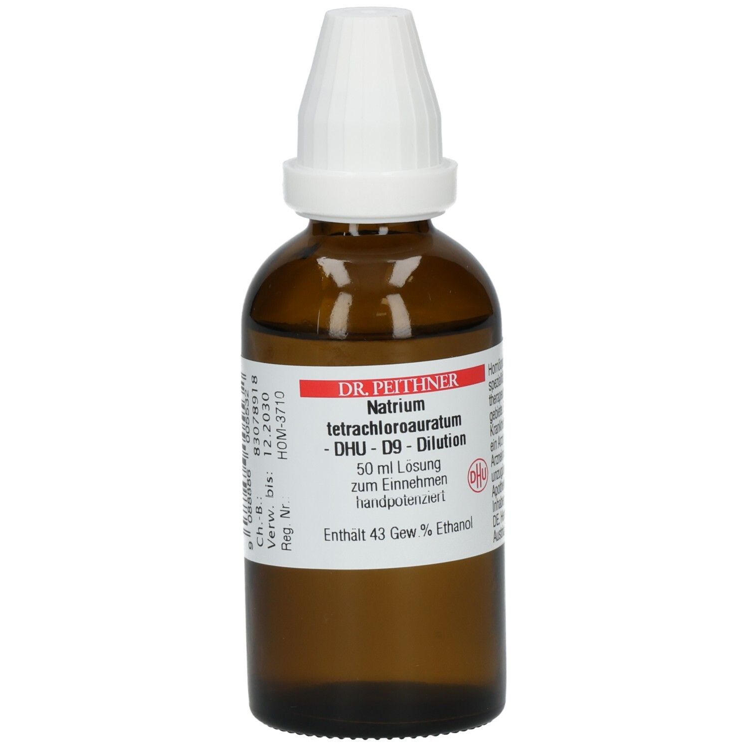 Braune Glasflasche mit weißem Tropfverschluss. Beschriftung: Natrium tetrachloroauratum - D9 DHU. 50 ml Lösung. Etikett.