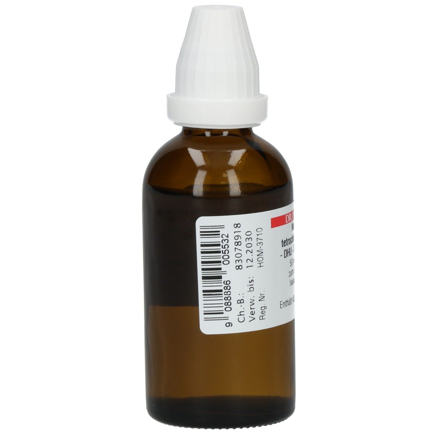 Braune Glasflasche mit weißem Tropfverschluss. Barcode und Etikett mit Produktinformationen. Rückansicht.