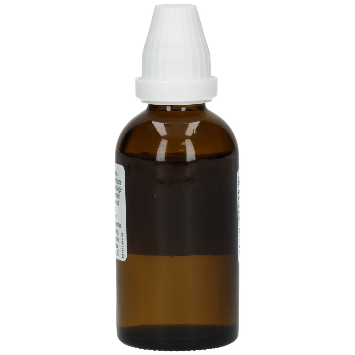 Braune Glasflasche mit weißem Tropfverschluss. Etikett mit Produktinformationen. Seitenansicht.