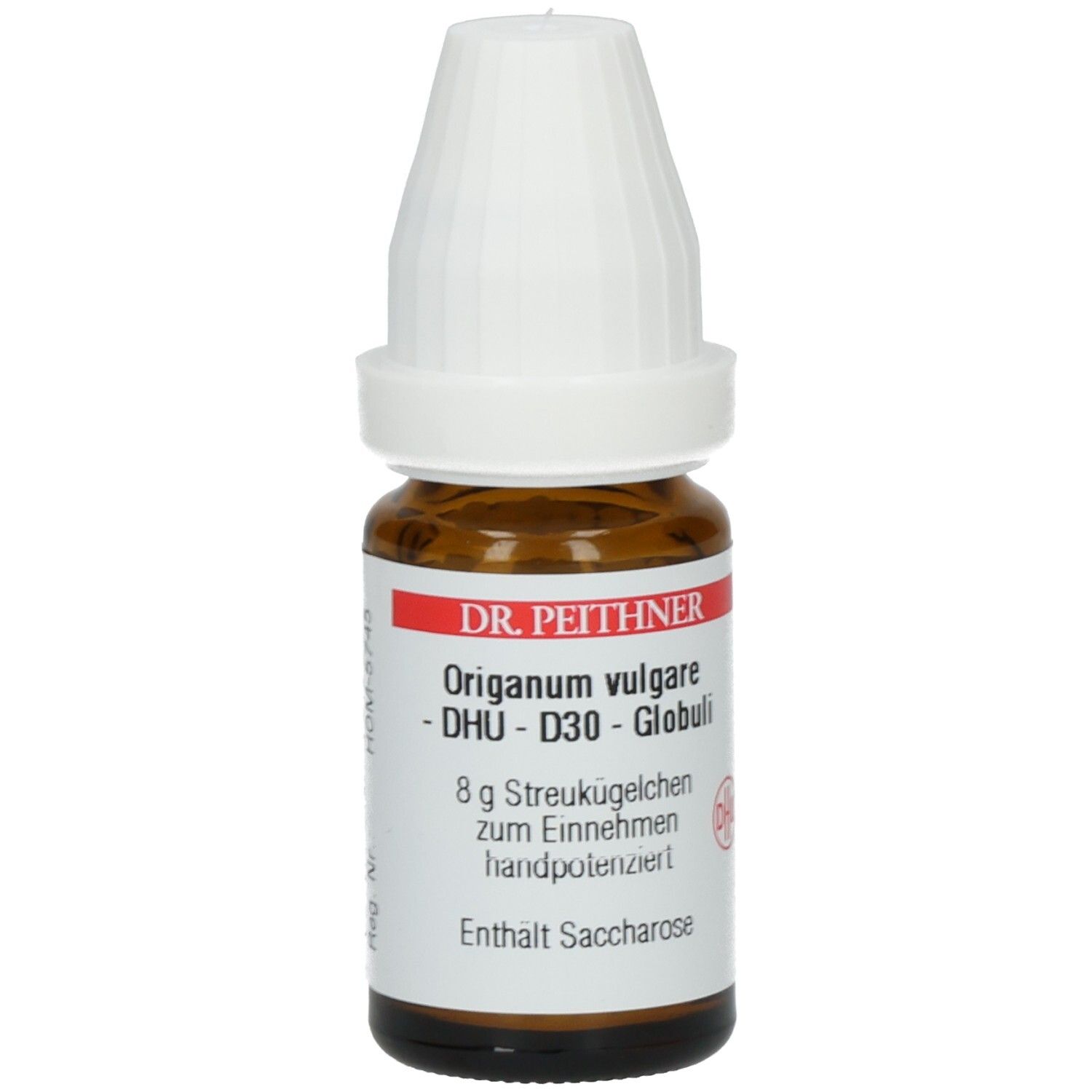 Braune Glasflasche mit weißem Deckel. Etikett mit Text: DR. PEITHNER, Origanum vulgare, DHU-D30-Globuli, 8 g Streukügelchen.