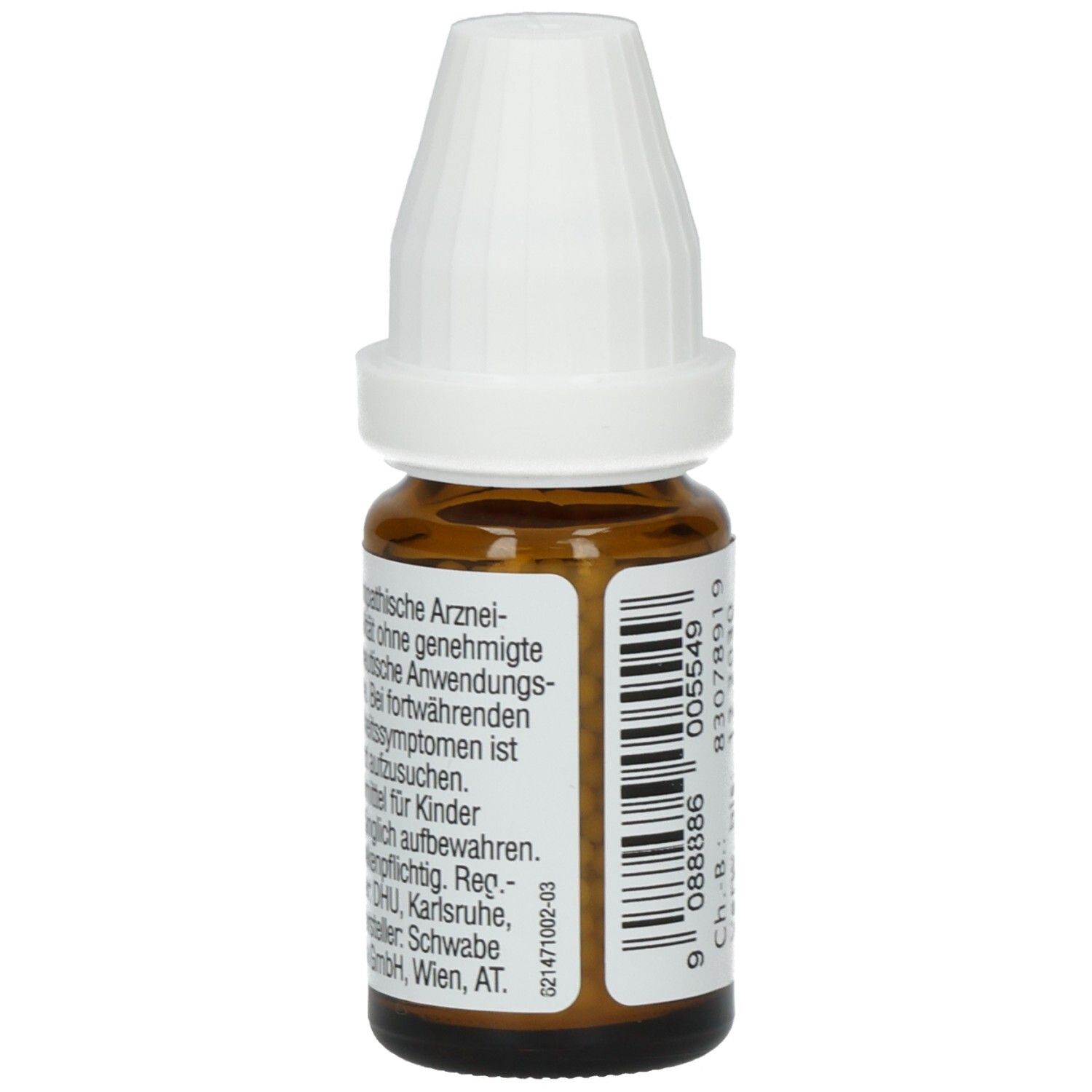 Braune Glasflasche mit weißem Deckel. Etikett mit Text und Barcode. Enthält Informationen über die Anwendung und Hersteller.