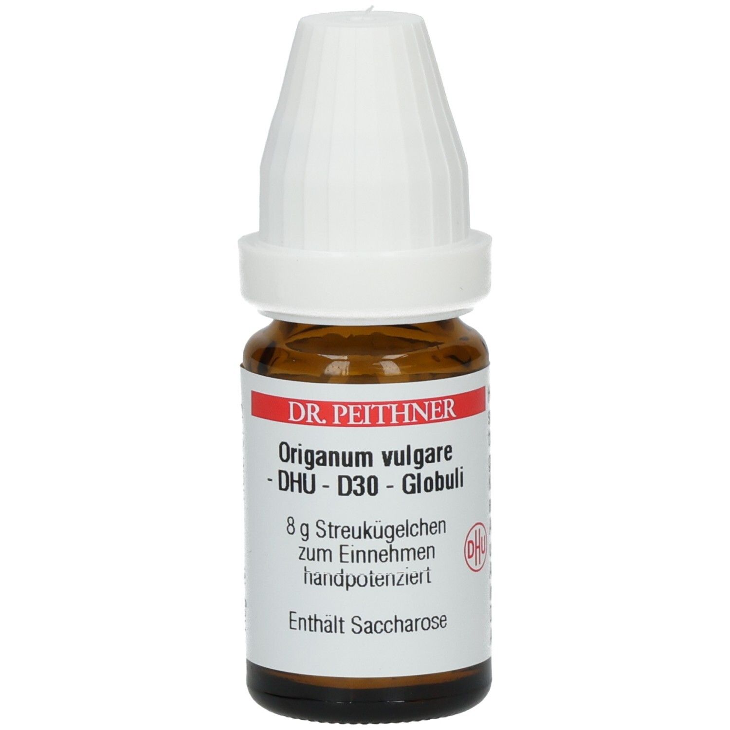 Braune Glasflasche mit weißem Deckel. Etikett mit Text: DR. PEITHNER, Origanum vulgare, DHU-D30-Globuli, 8 g Streukügelchen.