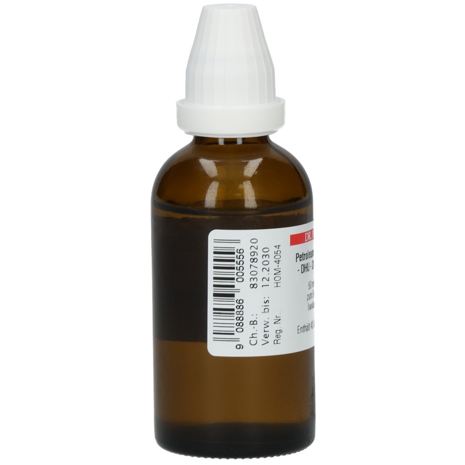 Braune Glasflasche mit weißem Verschluss. Aufkleber mit Barcode und Informationen. Rückansicht.