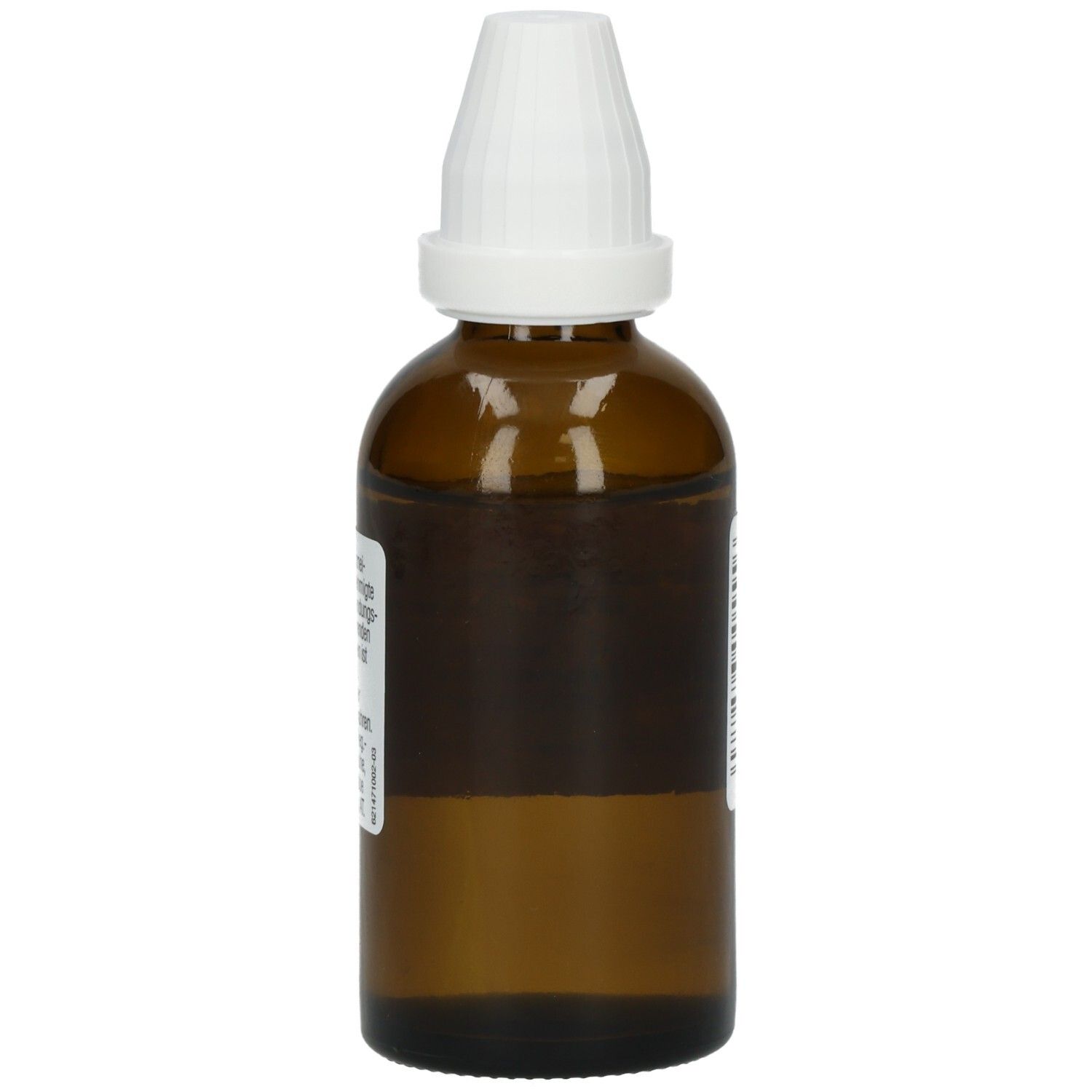 Braune Glasflasche mit weißem Verschluss. Rückansicht mit Etikett.