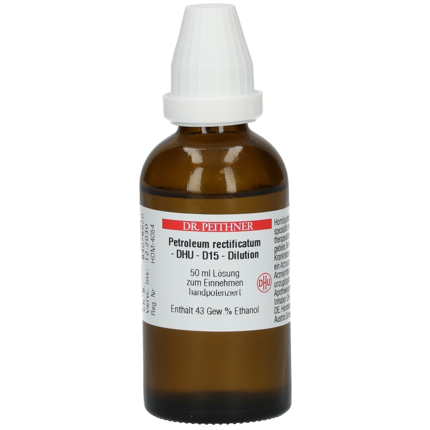 Braune Glasflasche mit weißem Verschluss. Beschriftung: DR. PEITHNER, Petroleum rectificatum DHU-D15-Dilution, 50 ml Lösung, 43 Gew.% Ethanol.