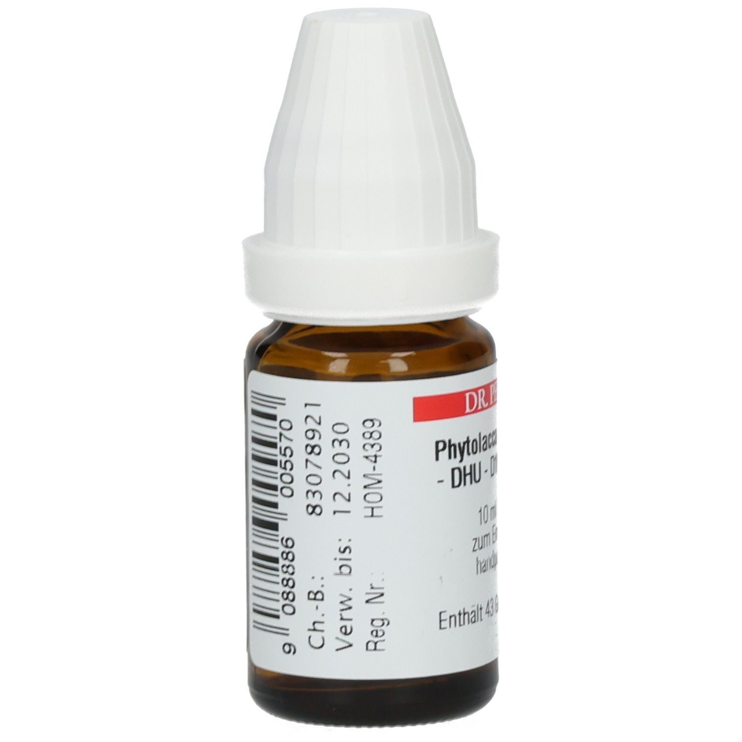 Braune Glasflasche mit weißem Verschluss. Etikett mit Barcode und Chargennummer. Produktinformationen: DR. PEITHNER, Phytolacca americana, DHU D10.