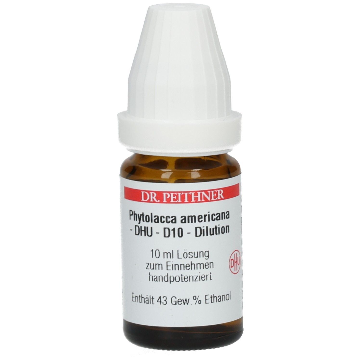 Braune Glasflasche mit weißem Verschluss. Etikett mit Produktinformationen: DR. PEITHNER, Phytolacca americana, DHU D10, 10 ml Lösung.