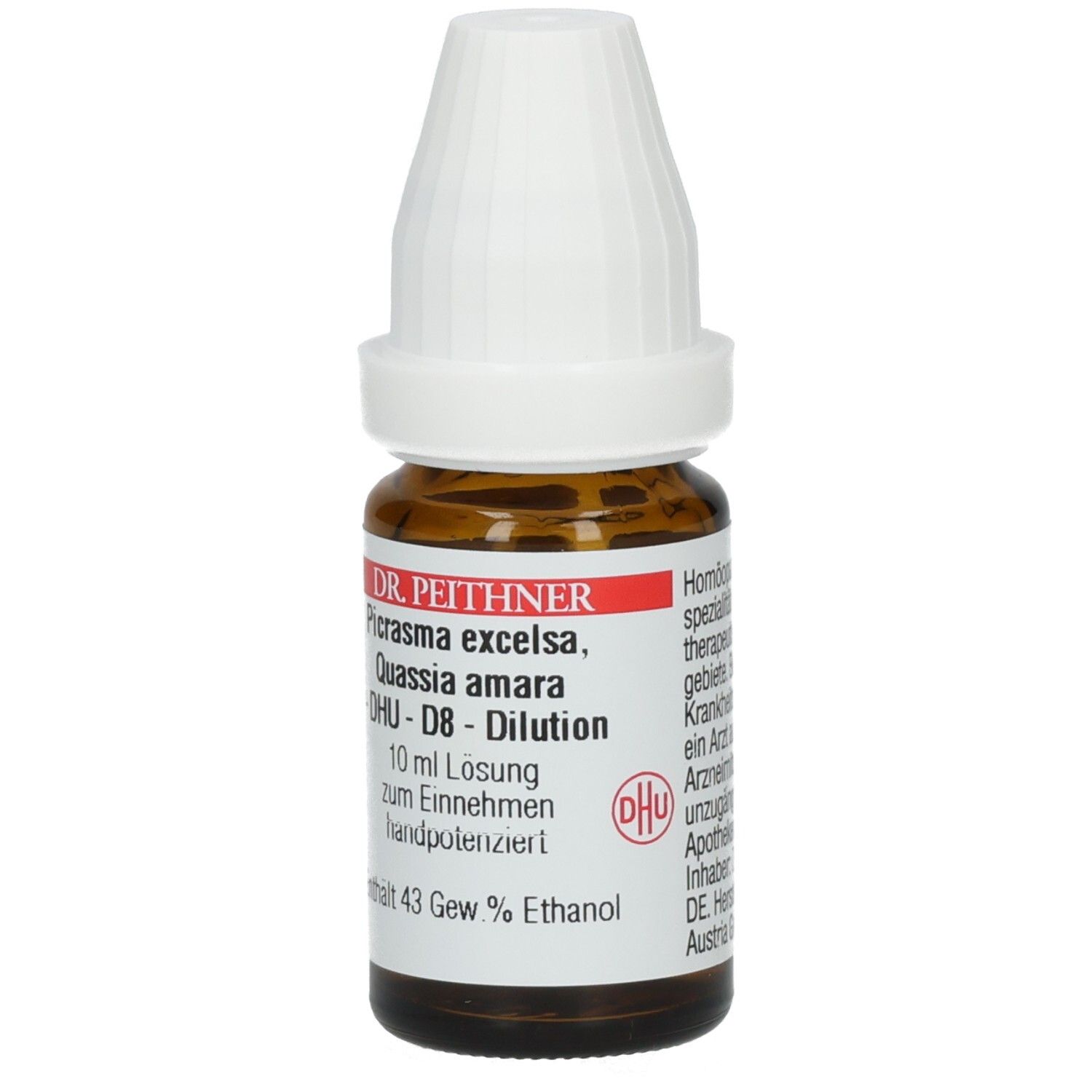 Braune Glasflasche mit weißem Verschluss. Etikett mit Produktnamen und Inhaltsangaben. DHU-Logo.