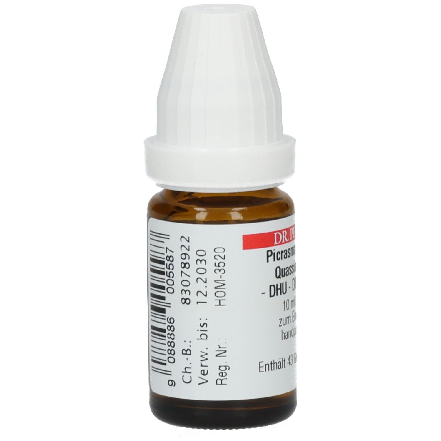 Braune Glasflasche mit weißem Verschluss. Etikett mit Barcode und Chargennummer. DHU-Logo.