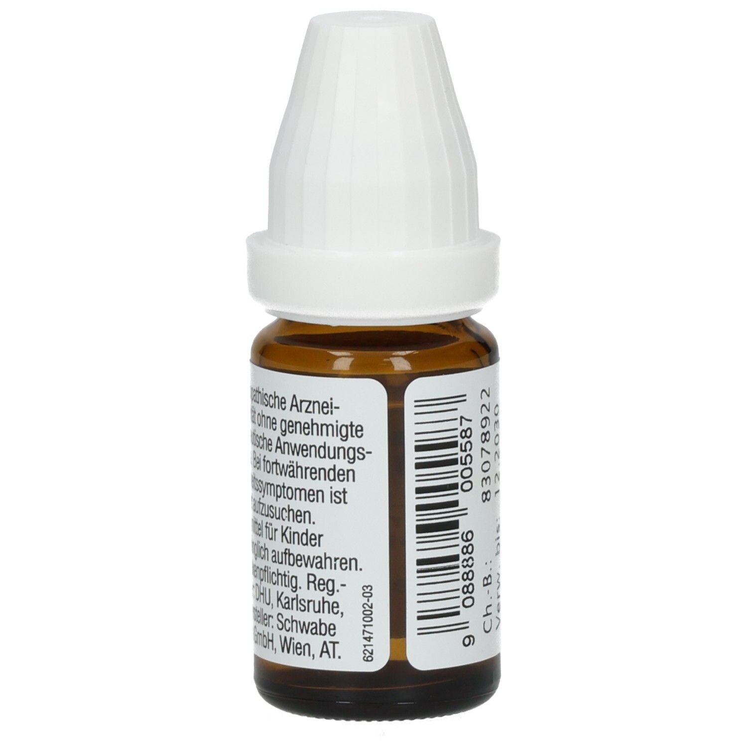 Braune Glasflasche mit weißem Verschluss. Etikett mit Text und Chargennummer. DHU-Logo.