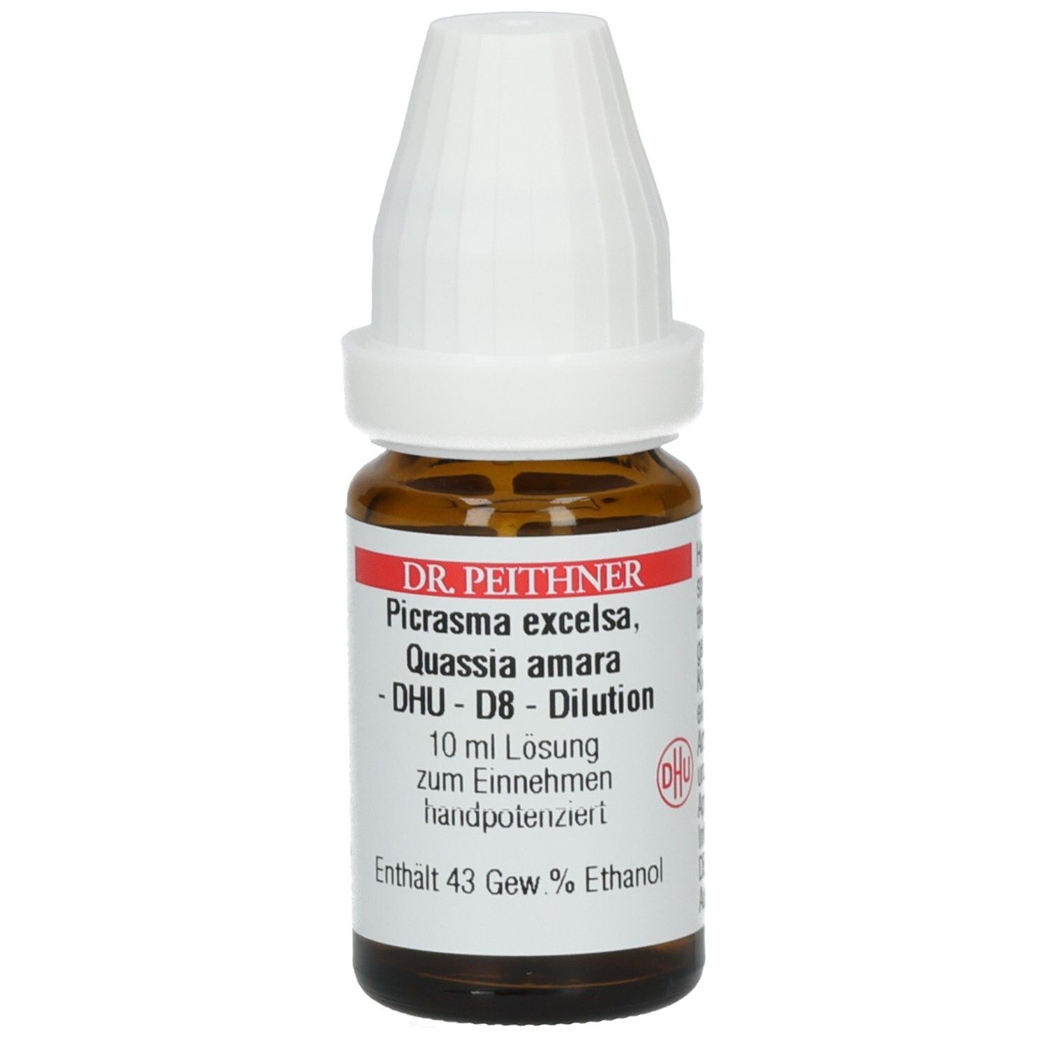 Braune Glasflasche mit weißem Verschluss. Etikett mit Text und DHU-Logo. Tropfflasche.