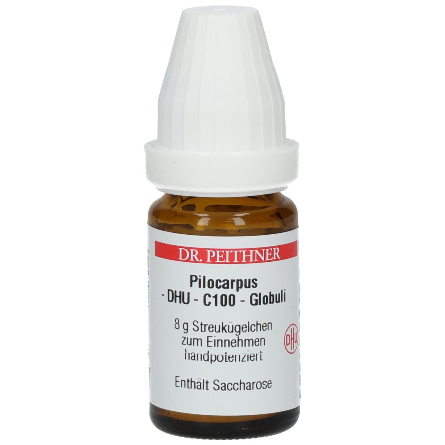 Braune Glasflasche mit weißem Deckel. Beschriftung: DR. PEITHNER, Pilocarpus -DHU- C100 - Globuli, 8 g Streukügelchen.