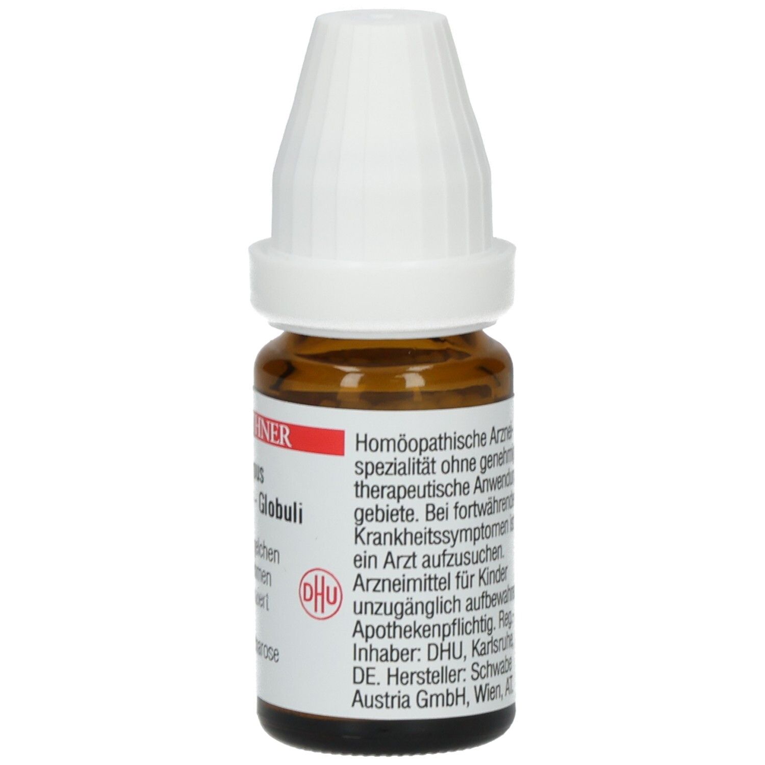 Braune Glasflasche mit weißem Deckel. Etikett mit Text über homöopathische Arzneimittel. DHU-Logo.