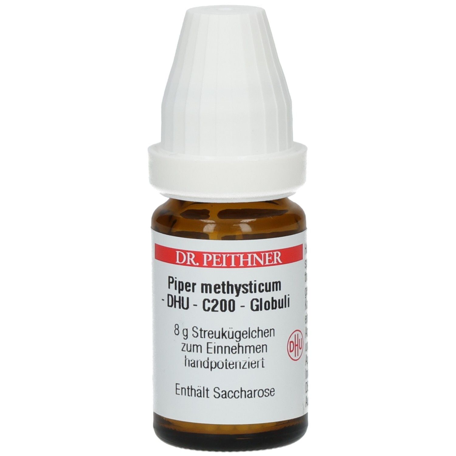 Braune Glasflasche mit weißem Deckel. Etikett mit Produktinformationen: DR. PEITHNER, Piper methysticum C200 DHU Globuli.