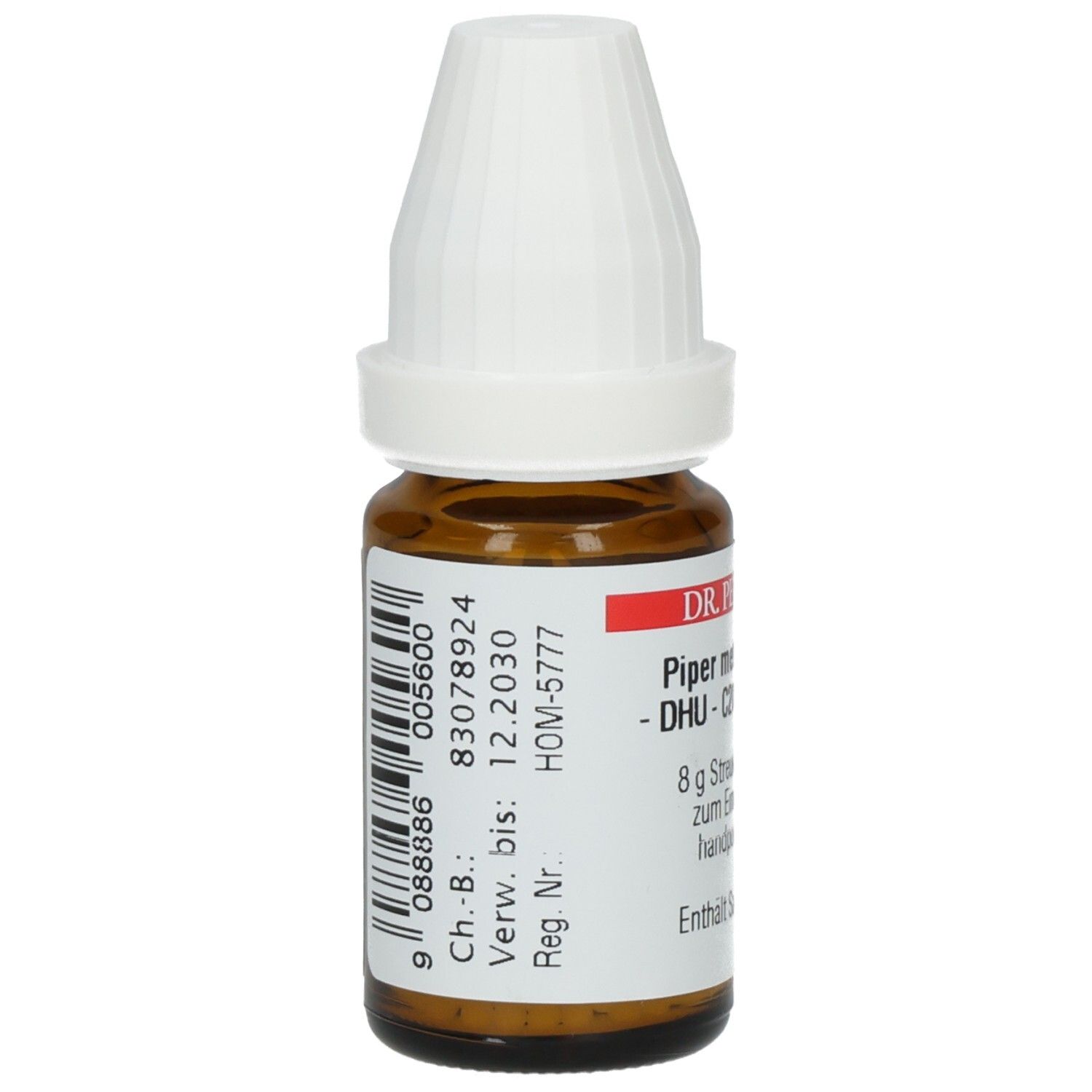 Braune Glasflasche mit weißem Deckel. Etikett mit Barcode und Chargennummer. Produktinformationen: DR. PEITHNER, Piper methysticum C200 DHU Globuli.