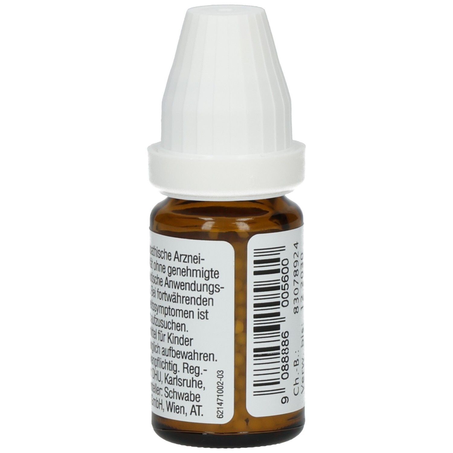 Braune Glasflasche mit weißem Deckel. Etikett mit Produktinformationen und Barcode. Enthält Globuli.