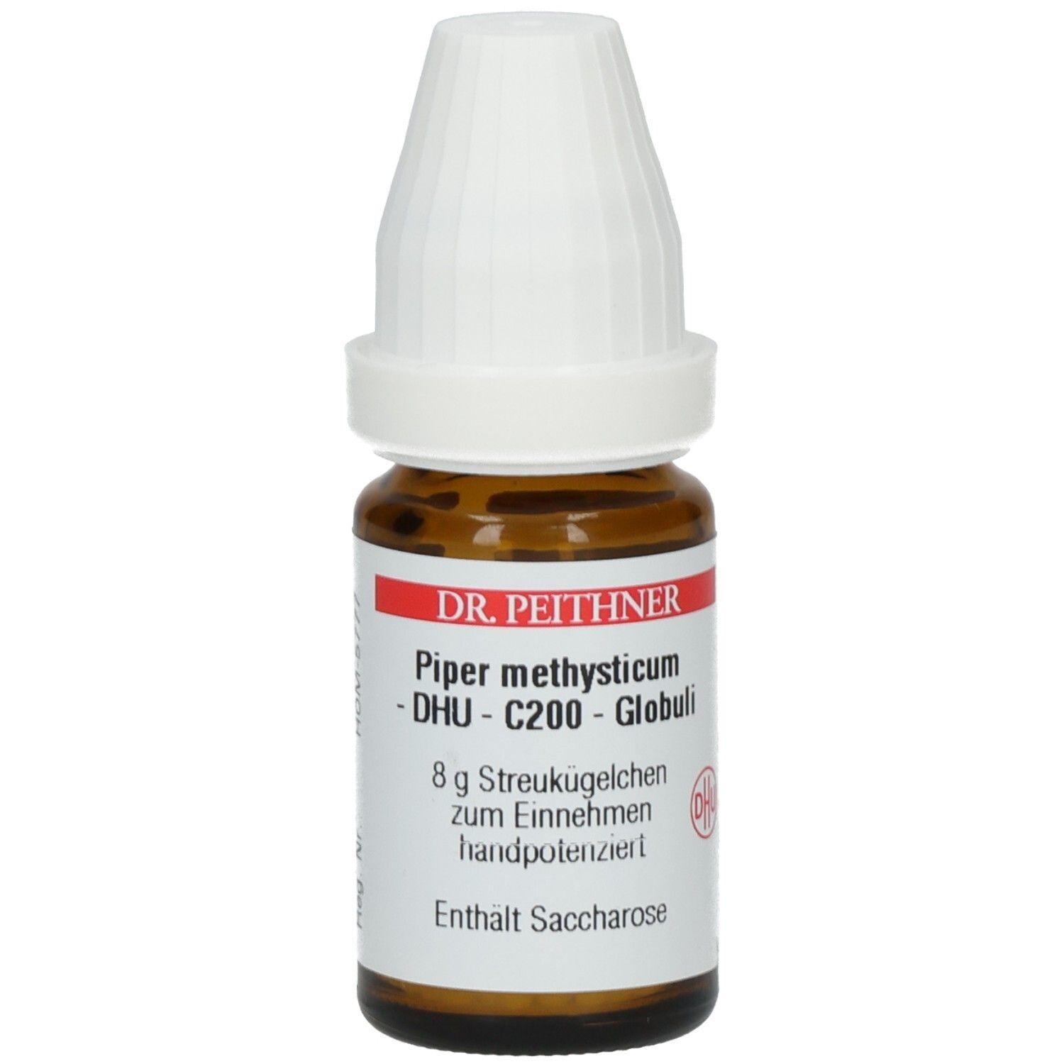 Braune Glasflasche mit weißem Deckel. Etikett mit Produktinformationen: DR. PEITHNER, Piper methysticum C200 DHU Globuli.